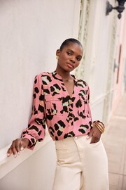 Love & Roses Pink Animal V Neck Utility Button Through Shirt - Image 4 of 4