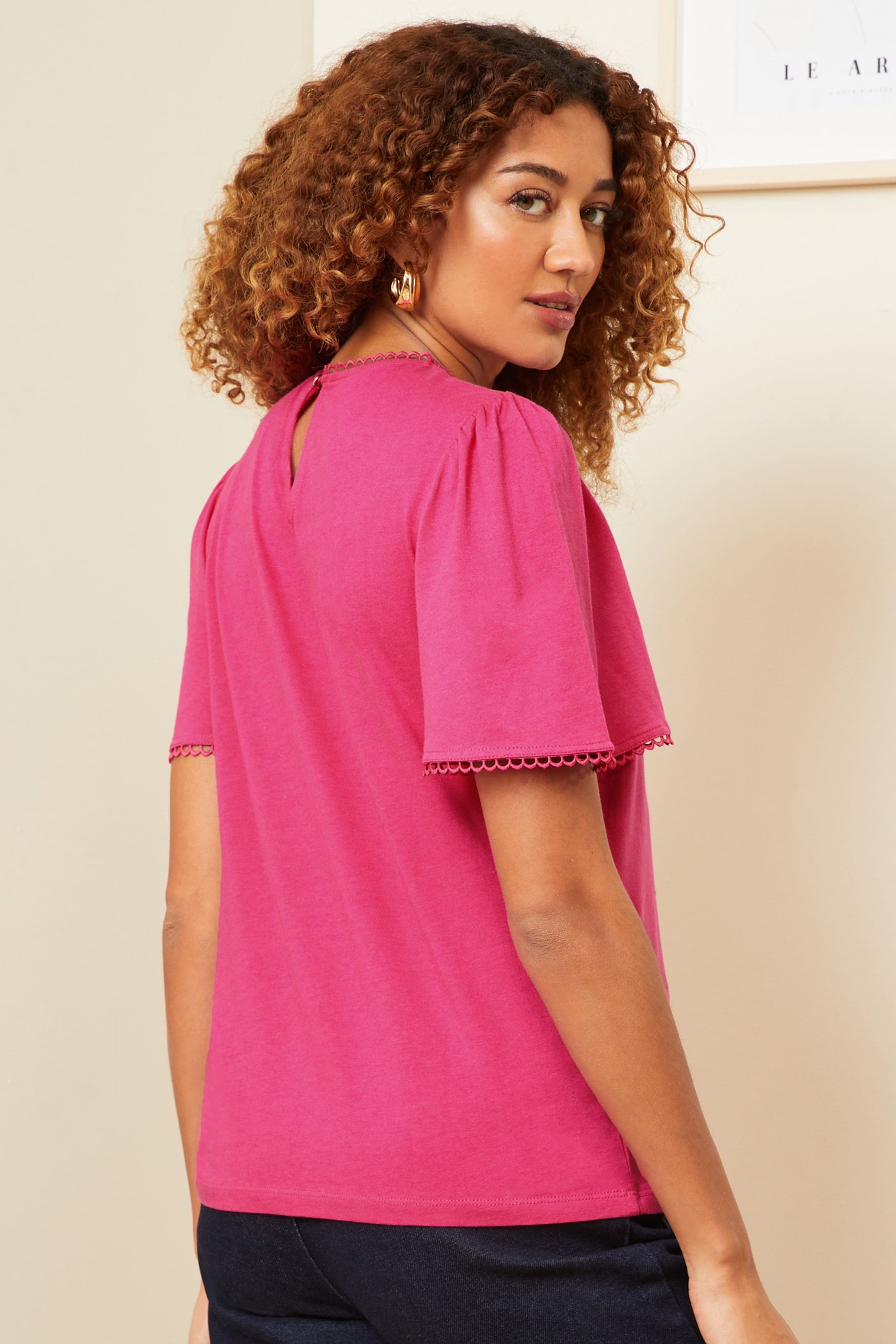 Love & Roses Pink Lace Yoke Flutter Sleeve Jersey Top - Image 3 of 4