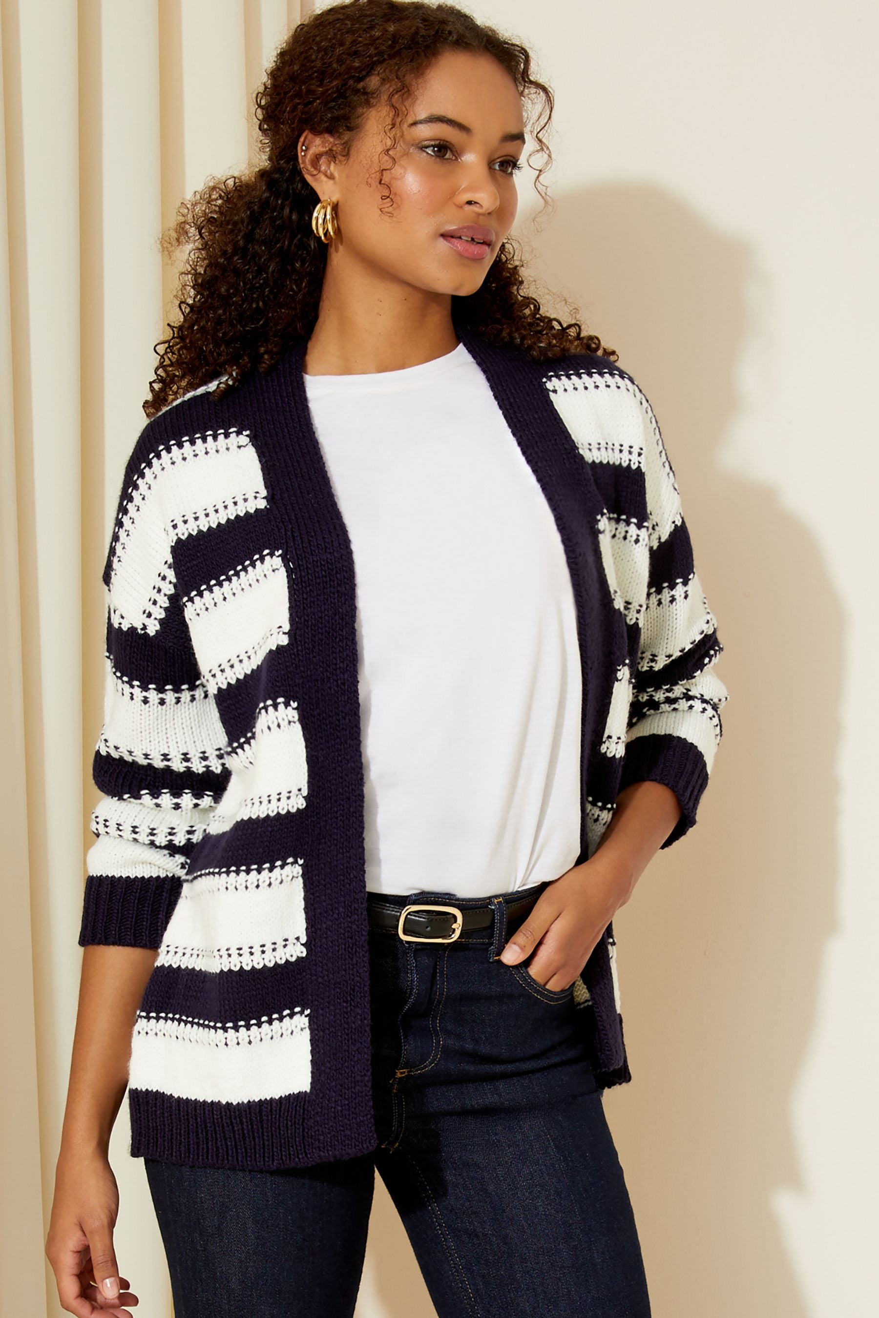 Navy blue striped cardigan hotsell