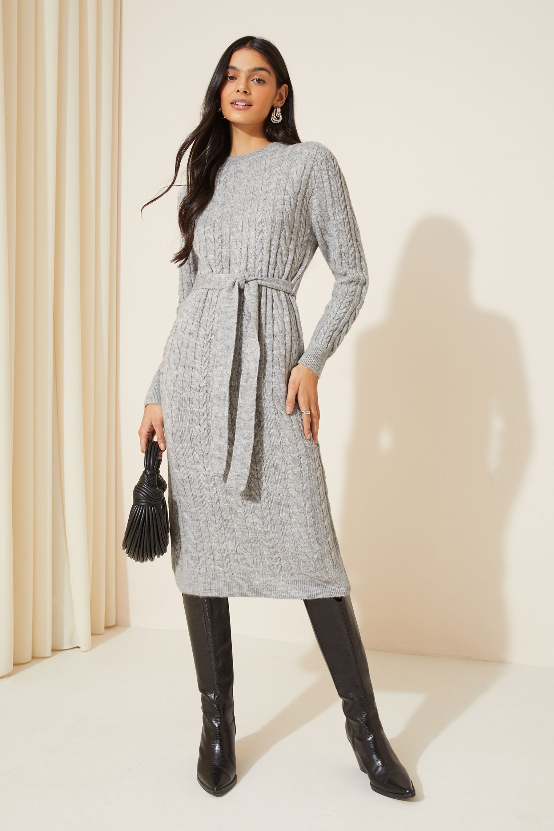 Buy Friends Like These Grey Cable Knit Belted Midi Jumper Dress from Next Malta