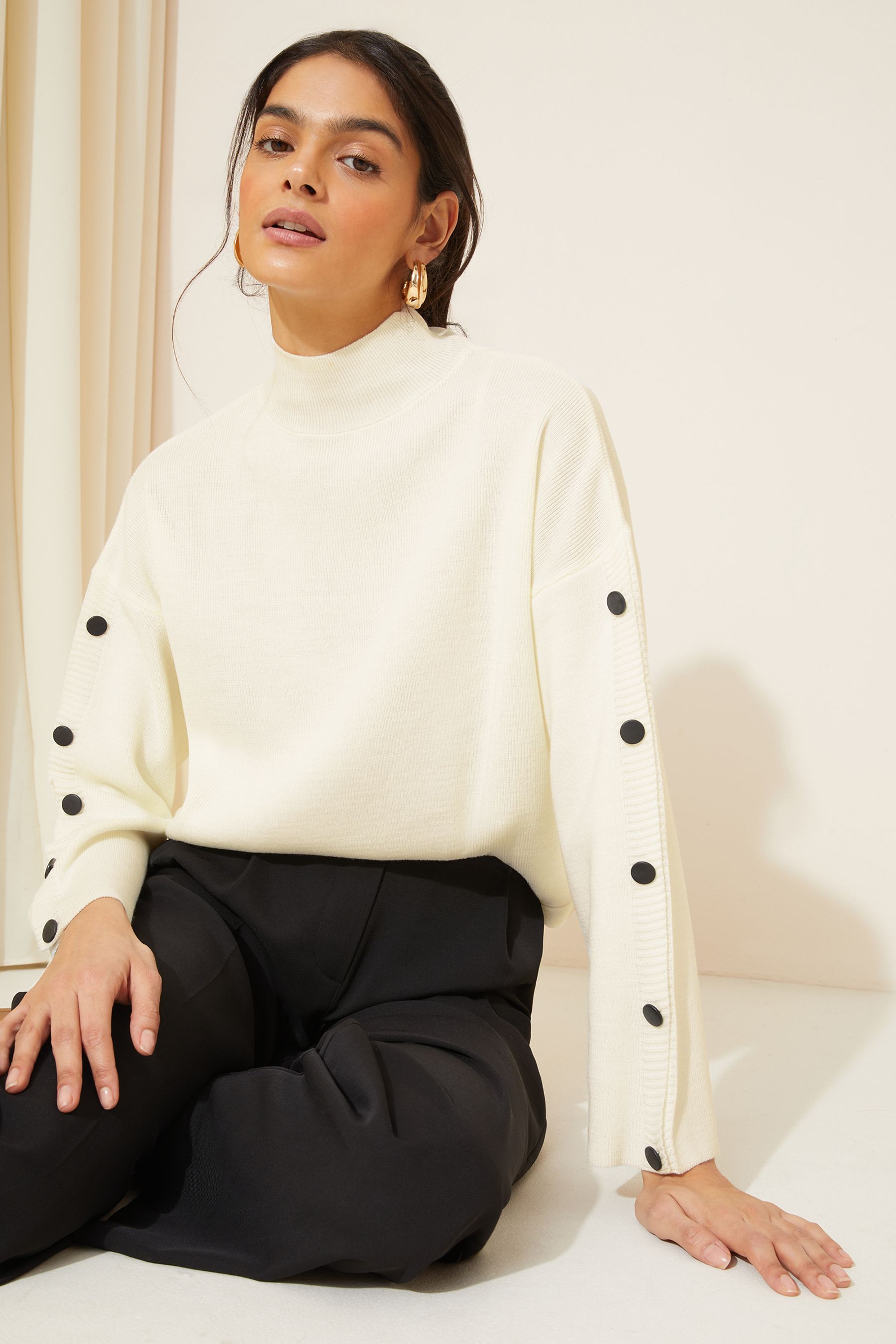 Buy Friends Like These Cream Flute Sleeve Button Funnel Neck Knit Jumper from Next Luxembourg