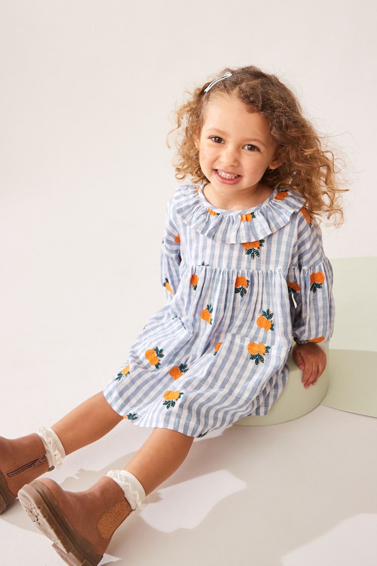Buy Blue Gingham Embroidered Collar 100% Cotton Dress (3mths-8yrs) from ...