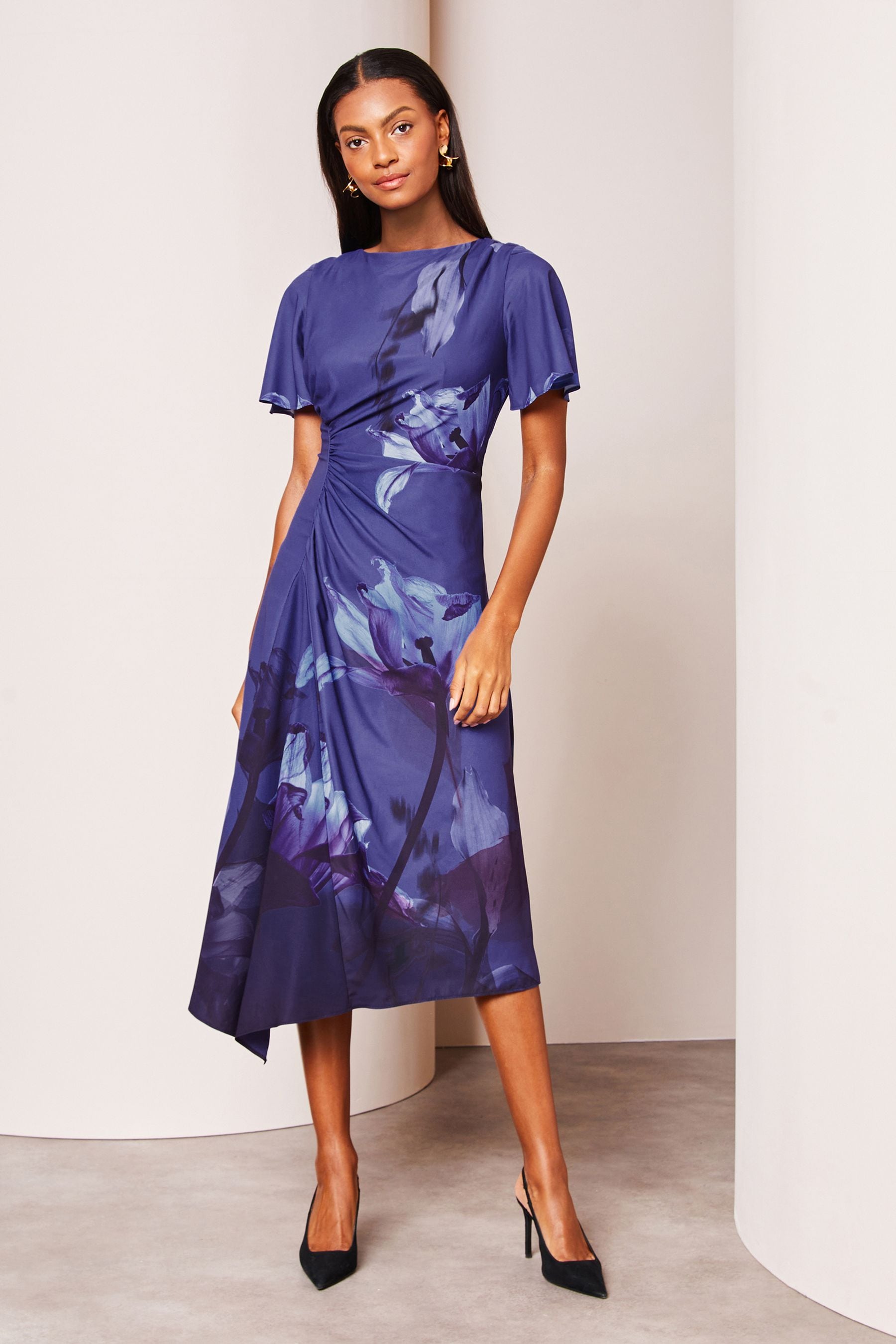 Buy Lipsy Navy Floral Ruched Asymmetricalmetrical Flutter Sleeve Midi Dress from Next Luxembourg