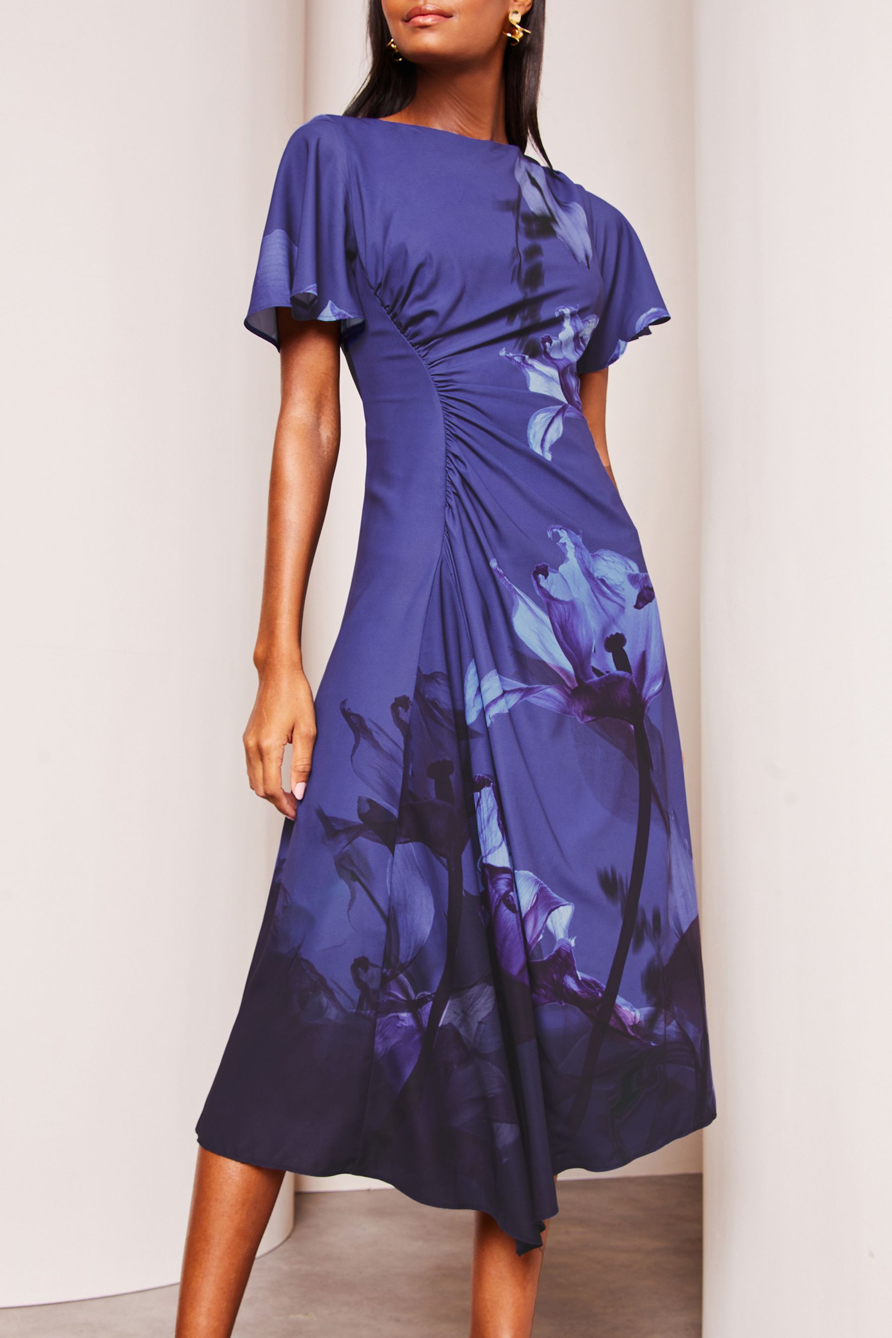 Buy Lipsy Navy Floral Ruched Asymmetricalmetrical Flutter Sleeve Midi Dress from Next United Arab Emirates