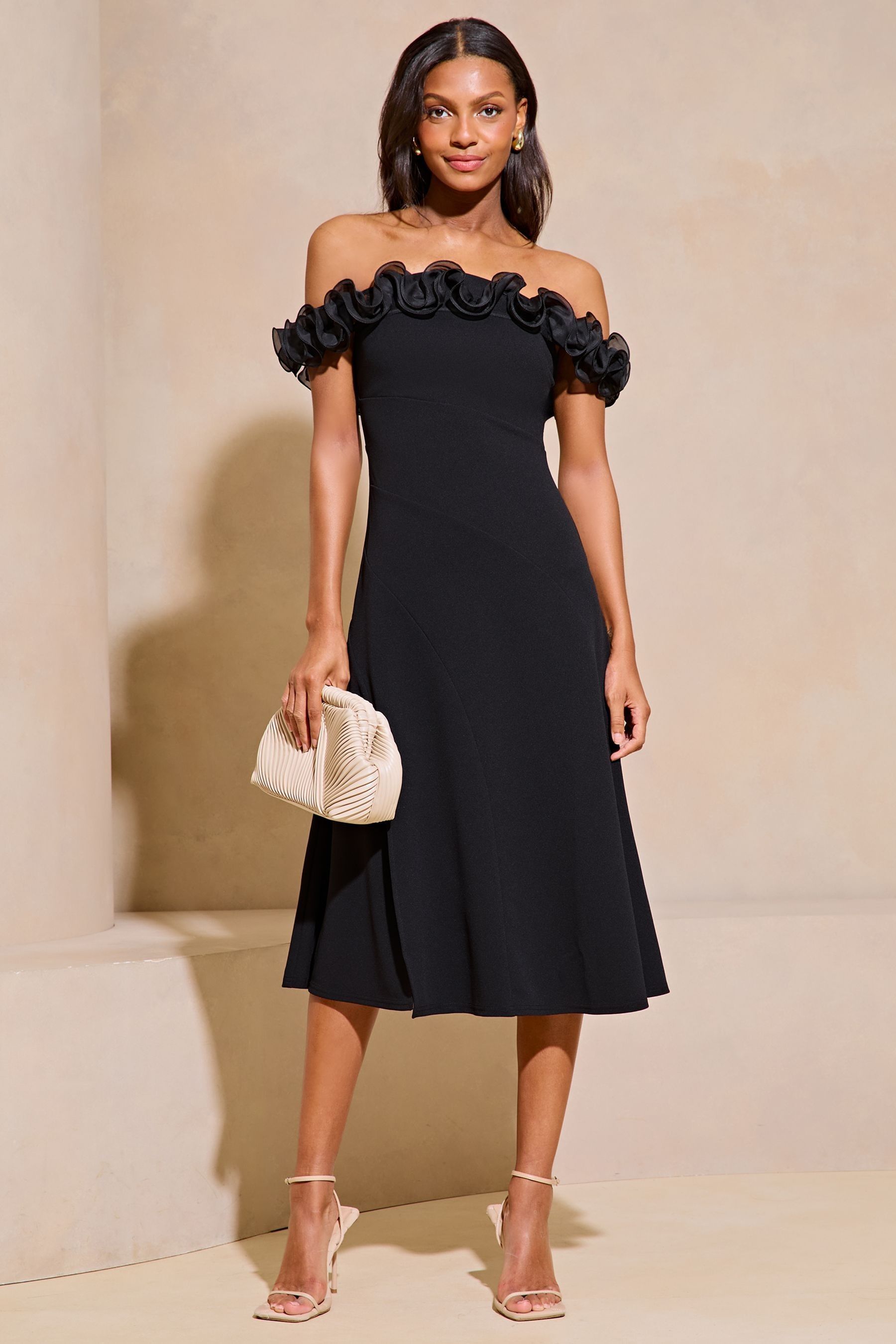 Black bardot ruffle dress store