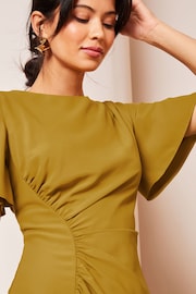 Lipsy Green Petite Ruched Asymmetricalmetrical Flutter Sleeve Midi Dress - Image 4 of 4