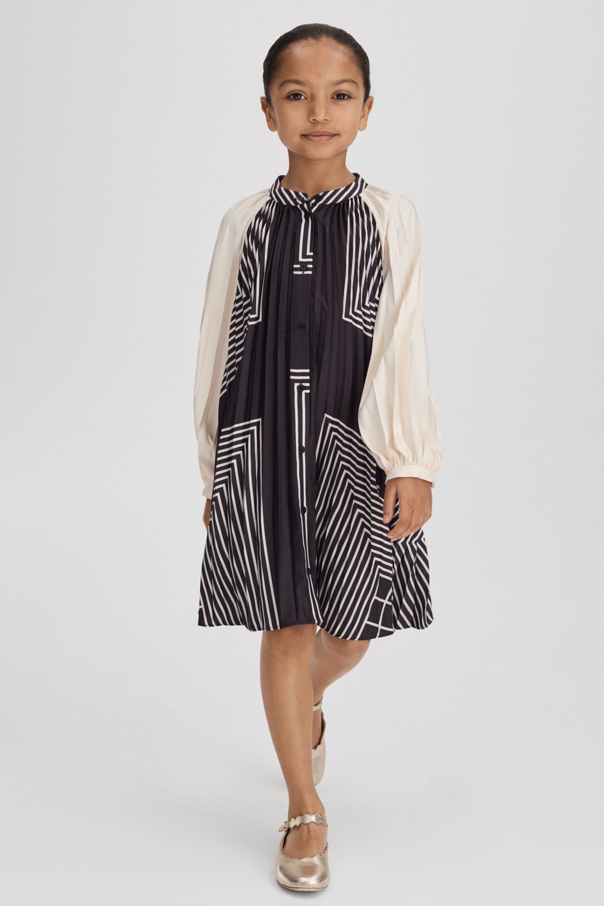 Reiss Navy Bay Teen Printed Pleated Dress - Image 3 of 6