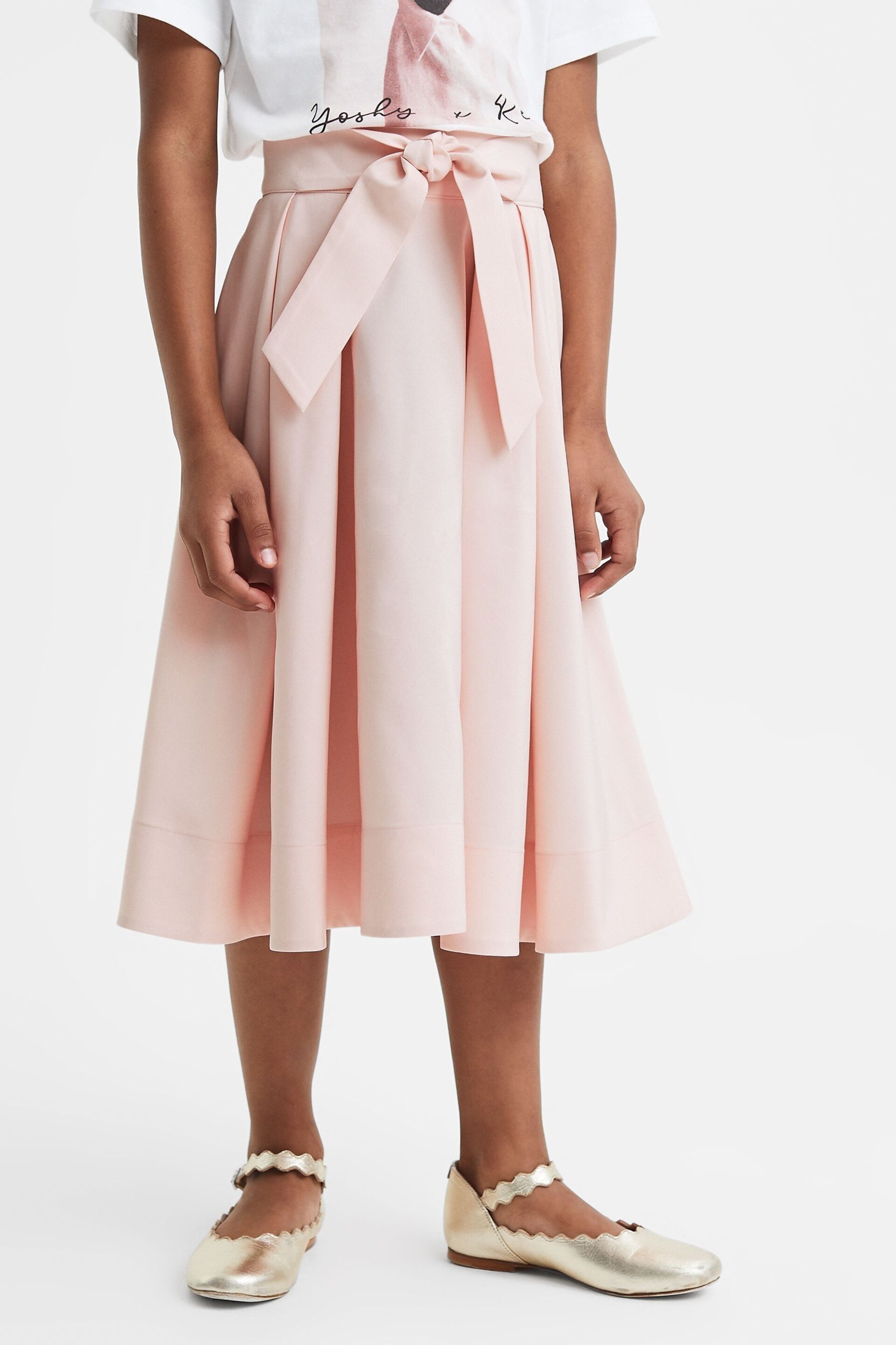 Reiss Pink Garcia Senior Pleated Belted Taffeta Midi Skirt - Image 1 of 6