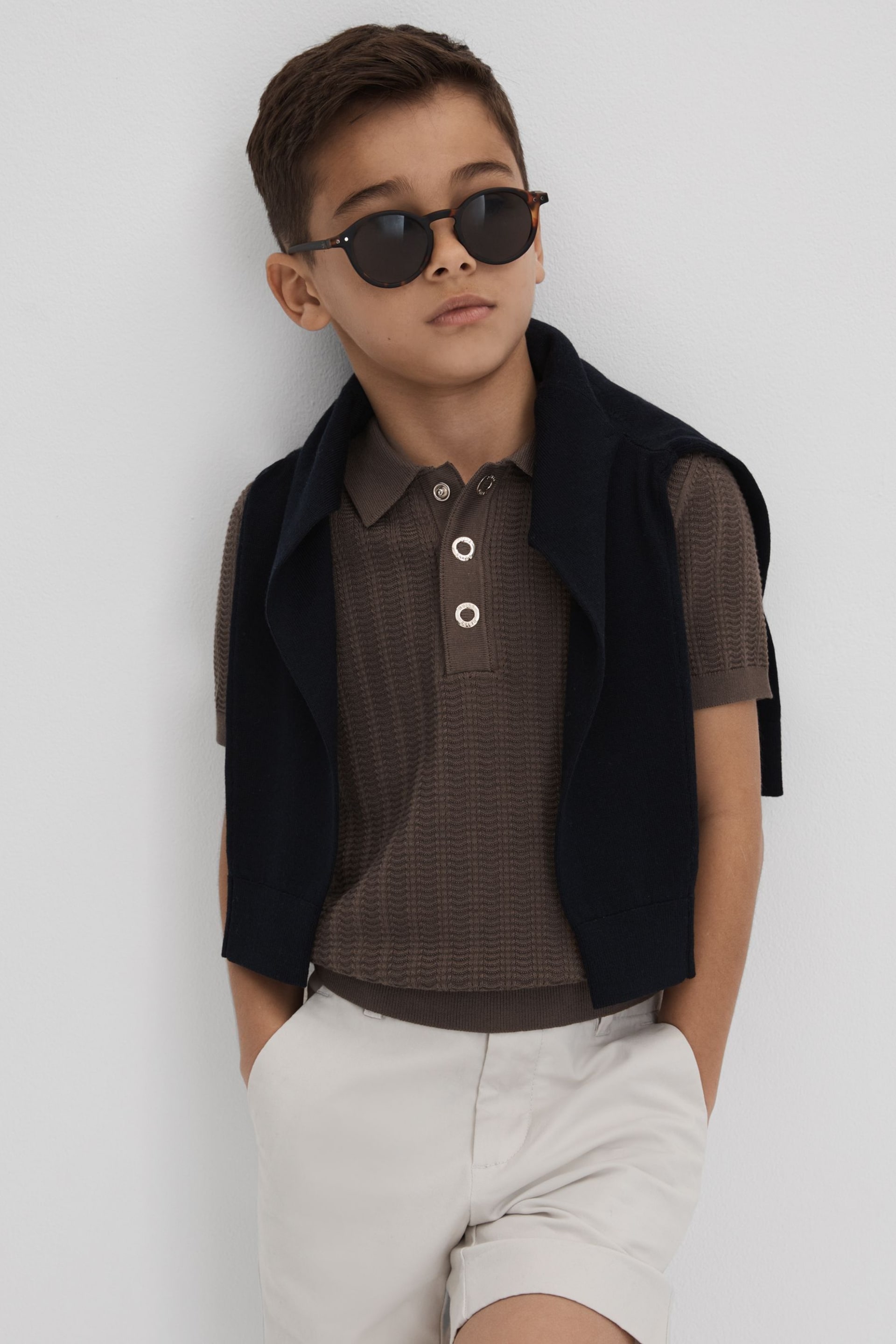 Reiss Pecan Brown Pascoe Teen Textured Modal Blend Polo Shirt - Image 3 of 7