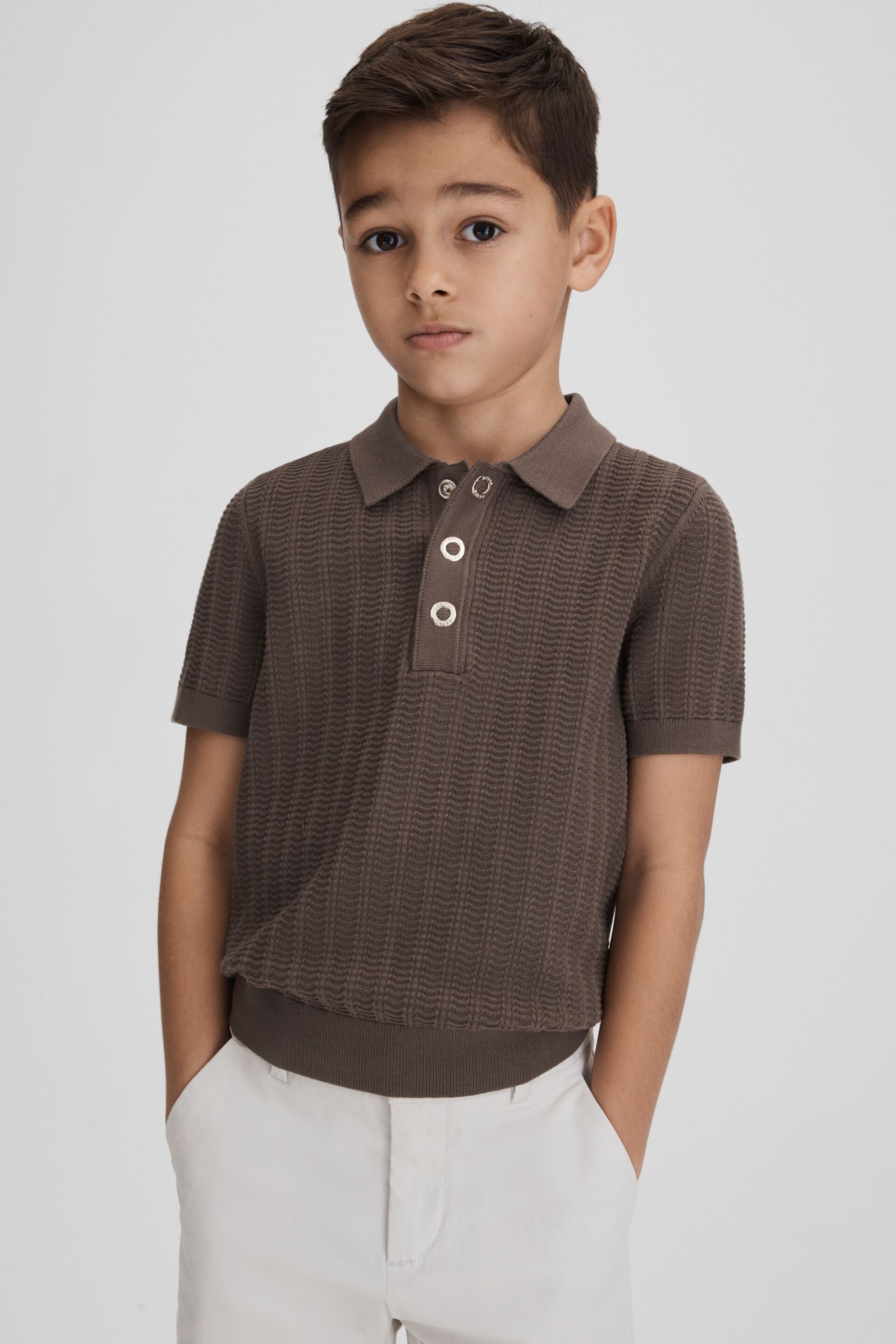 Reiss Pecan Brown Pascoe Teen Textured Modal Blend Polo Shirt - Image 5 of 7