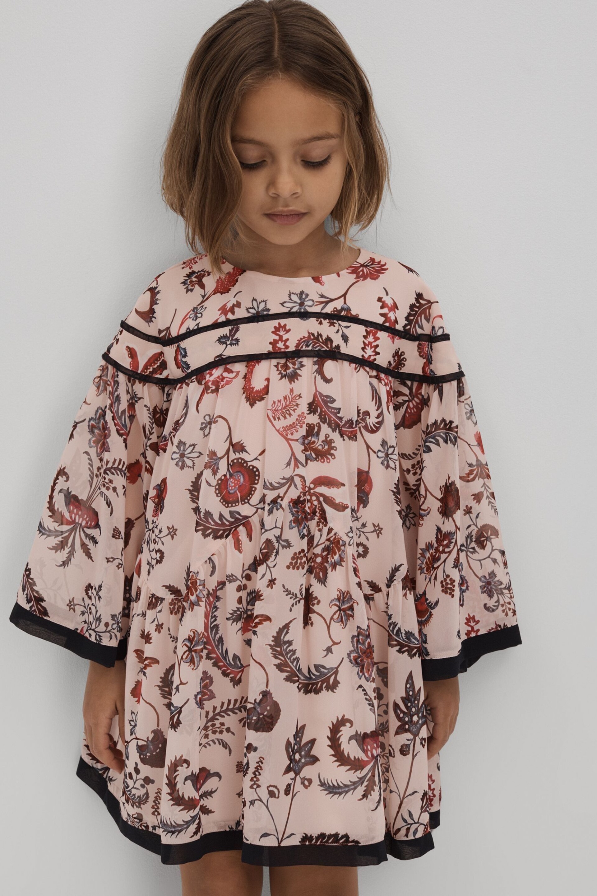 Reiss Pink Talitha Teen Printed Bell Sleeve Tiered Dress - Image 1 of 6