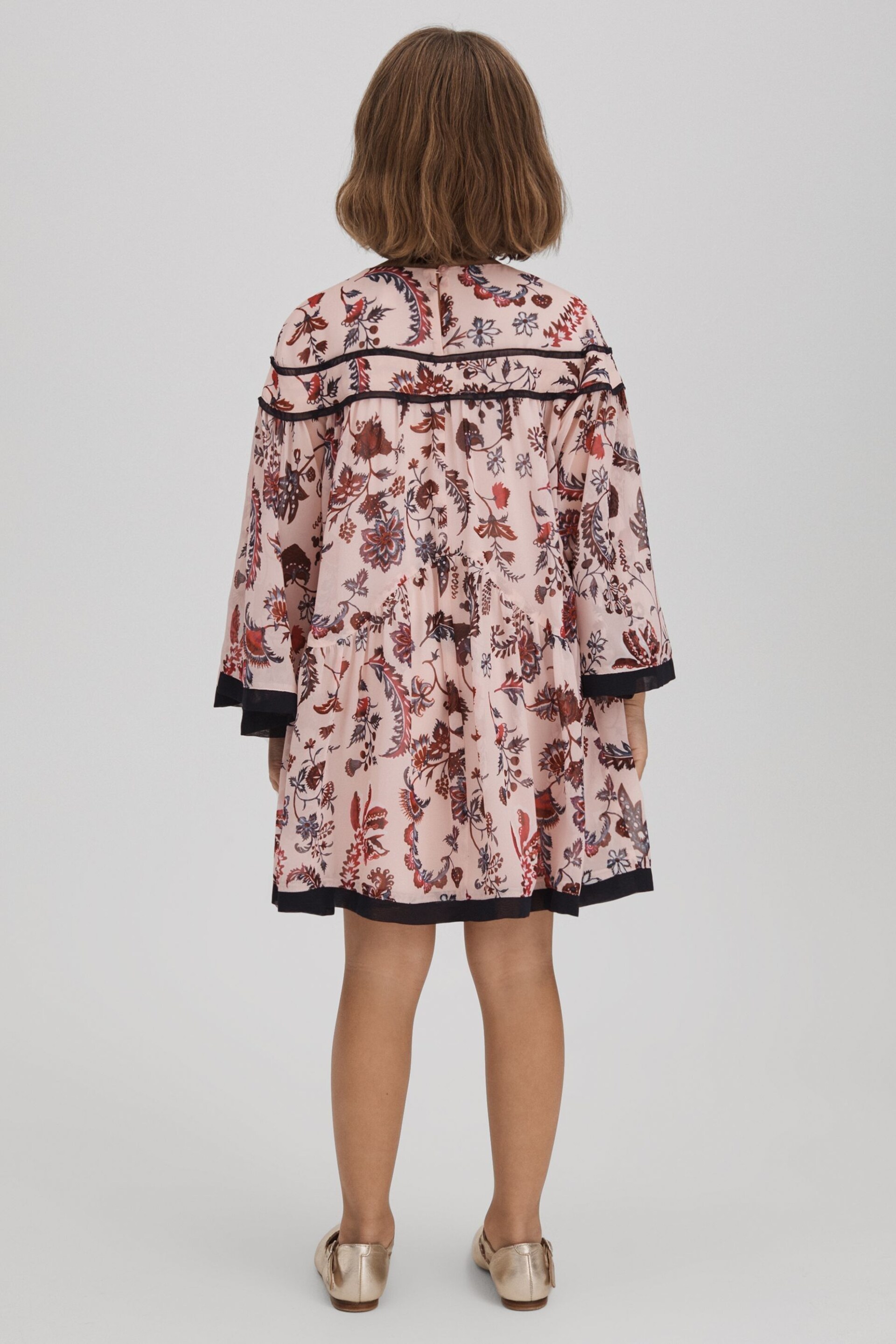Reiss Pink Talitha Teen Printed Bell Sleeve Tiered Dress - Image 5 of 6
