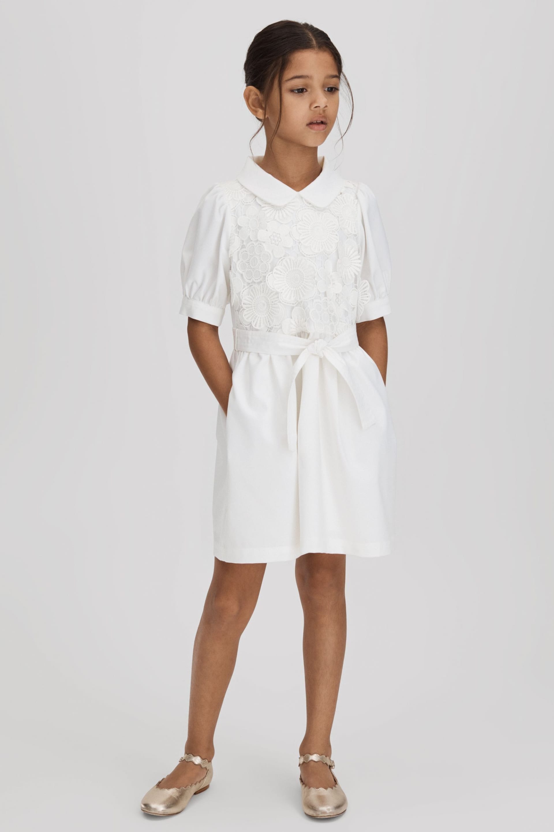 Reiss Ivory Dannie Junior Embroidered Puff Sleeve Dress - Image 1 of 6