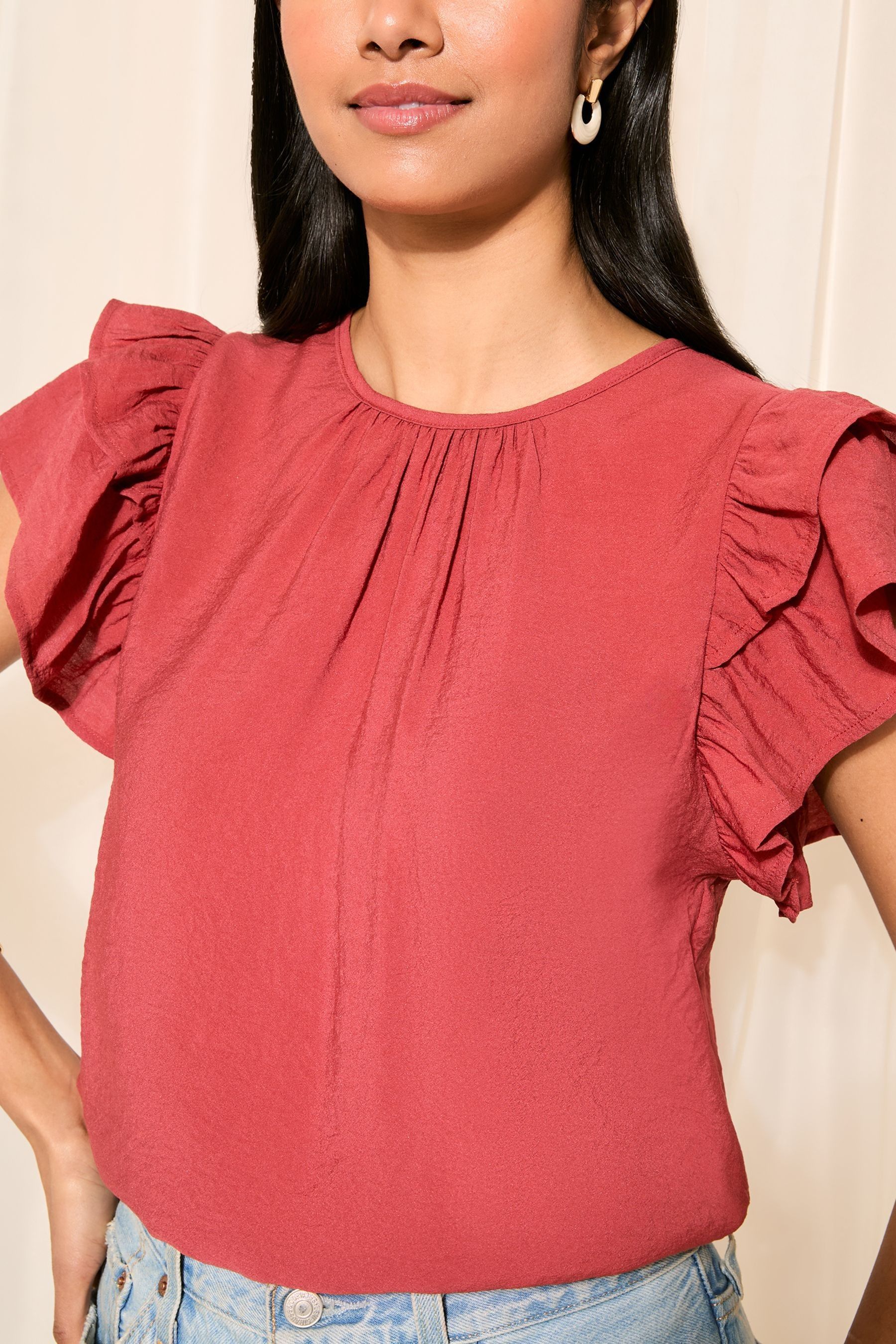 Double ruffle sleeve top clearance