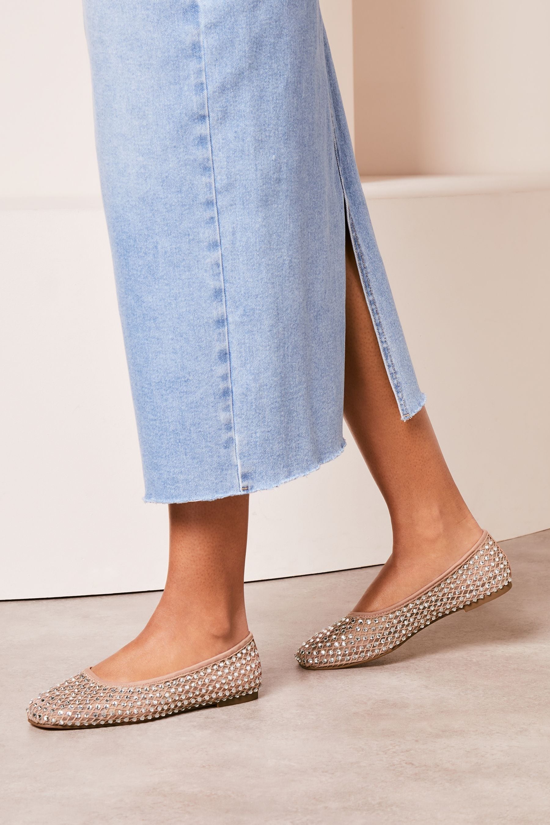 Lipsy Nude Flat Mesh Embellished Diamante Ballet Pump