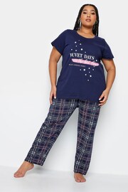 Yours Curve Blue Duvet Days Check Wide Leg Pyjama Set - Image 1 of 5