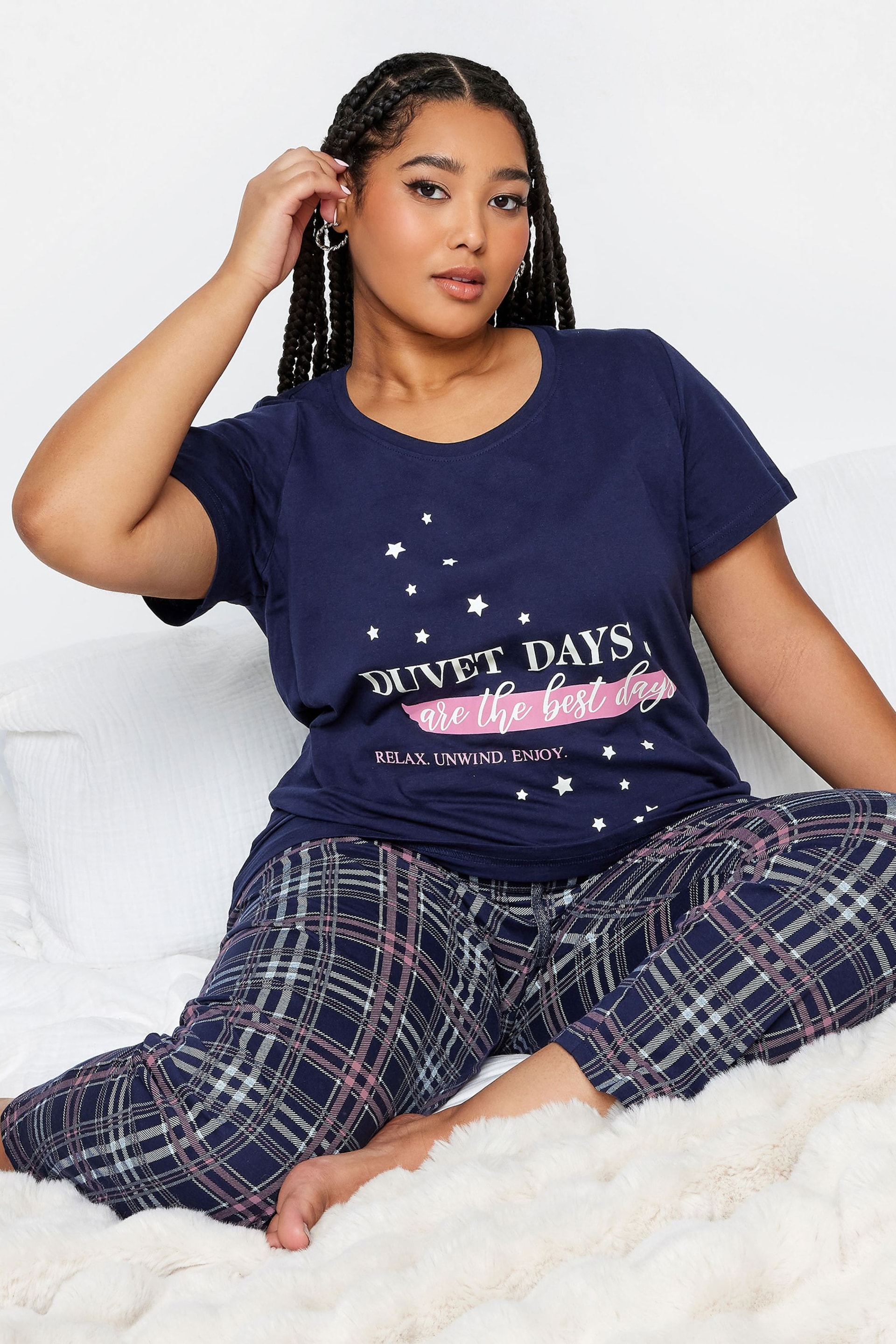 Yours Curve Blue Duvet Days Check Wide Leg Pyjama Set - Image 3 of 5