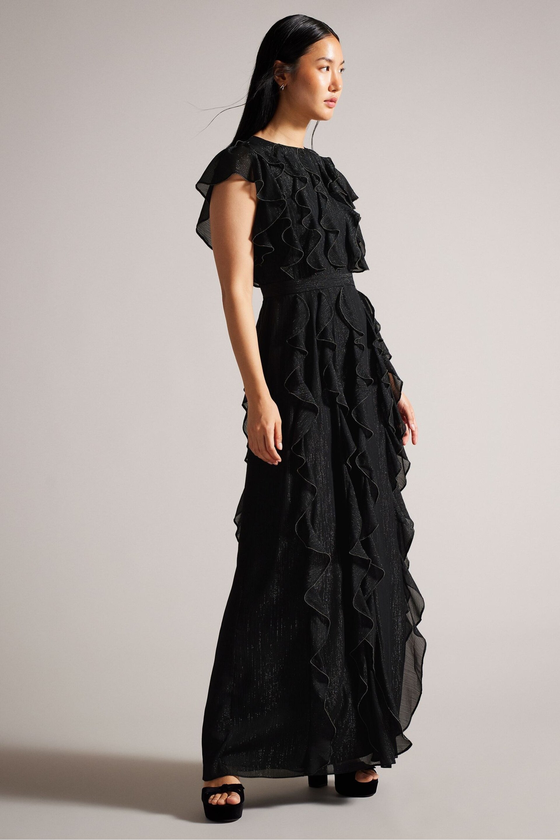 Ted Baker Black Hazzie Ruffle Maxi Dress With Metal Ball Trim - Image 1 of 5