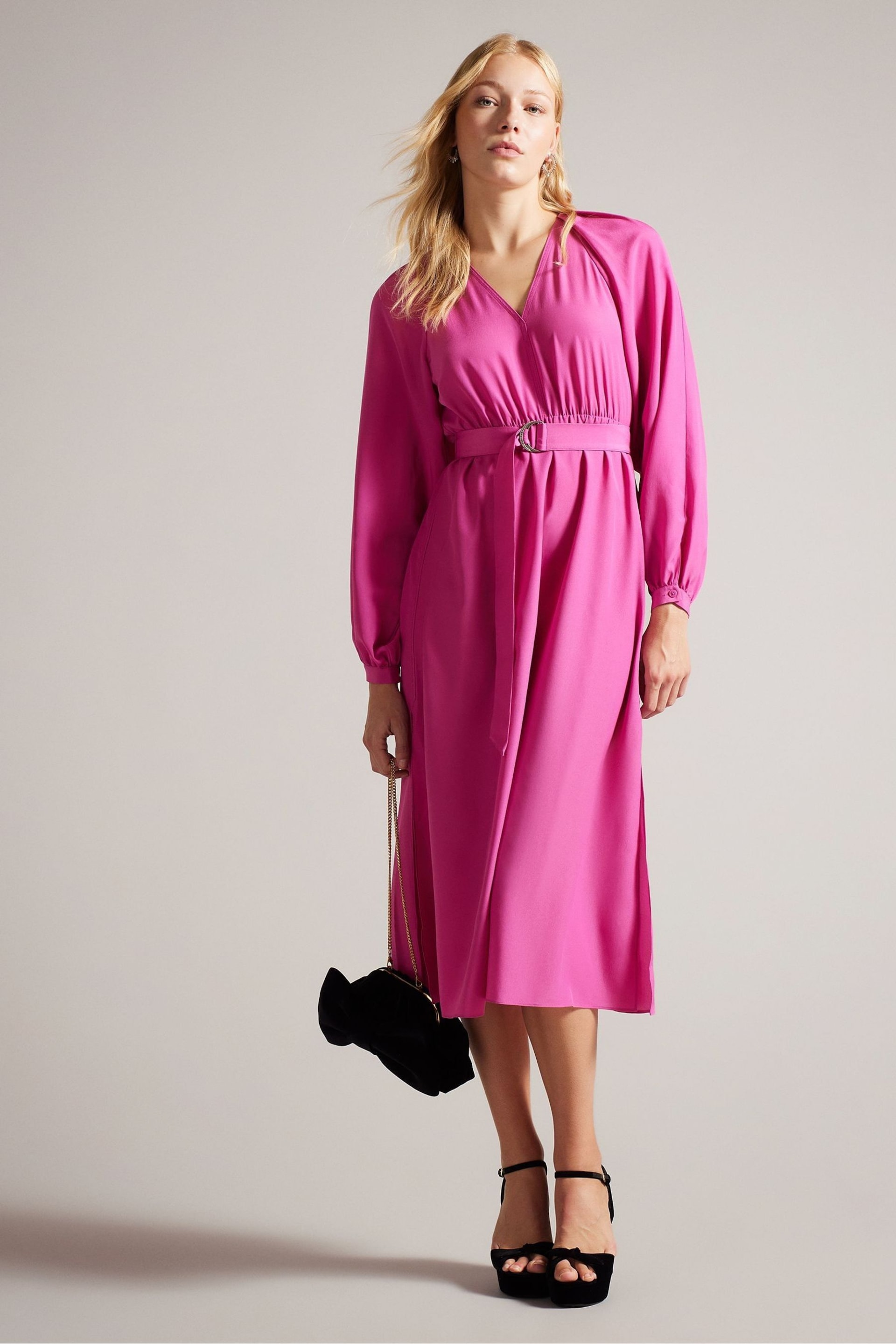 Ted Baker Pink Comus Midi Shirt Dress With Gathered Neck - Image 1 of 5