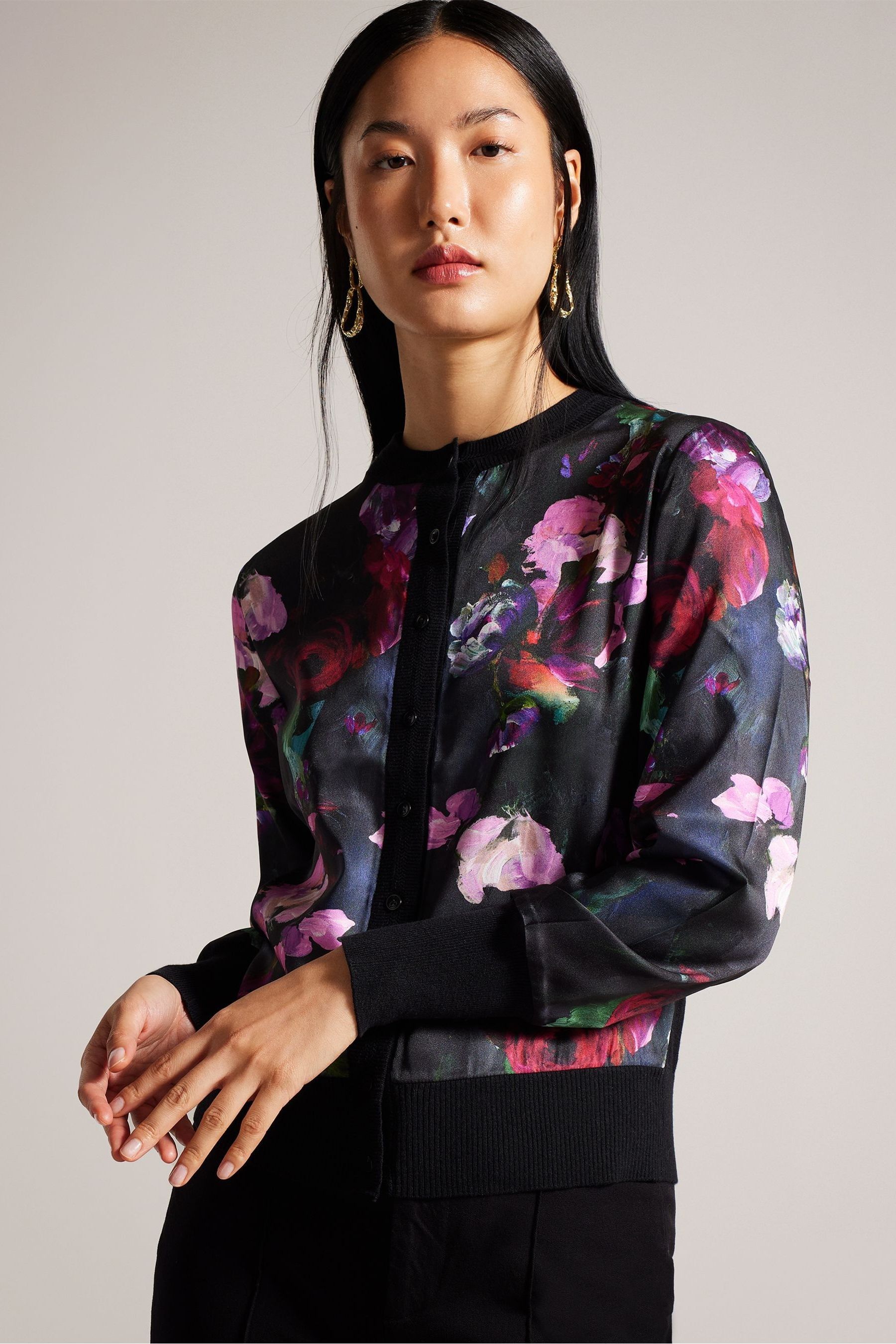 Buy Ted Baker Black Abbalee Printed Woven Front Cardigan from Next Saudi Arabia