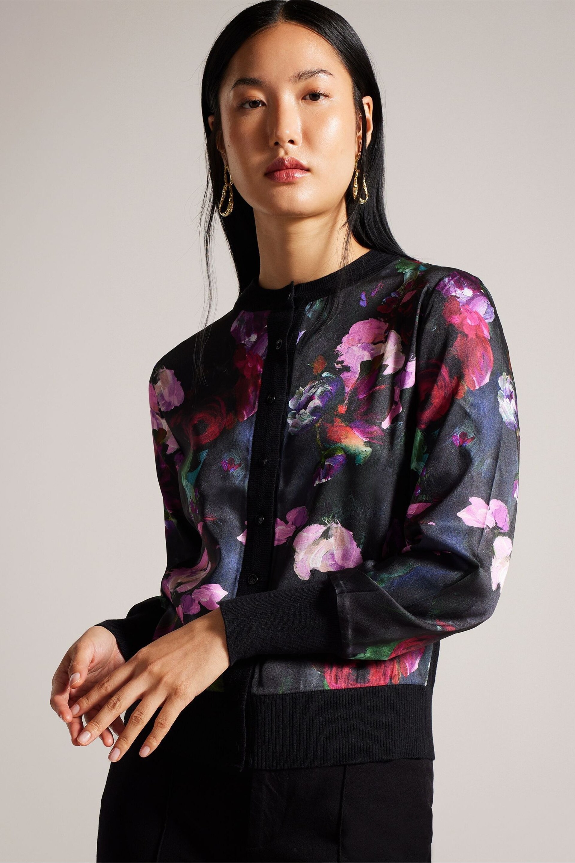 Ted Baker Black Abbalee Printed Woven Front Cardigan - Image 1 of 6