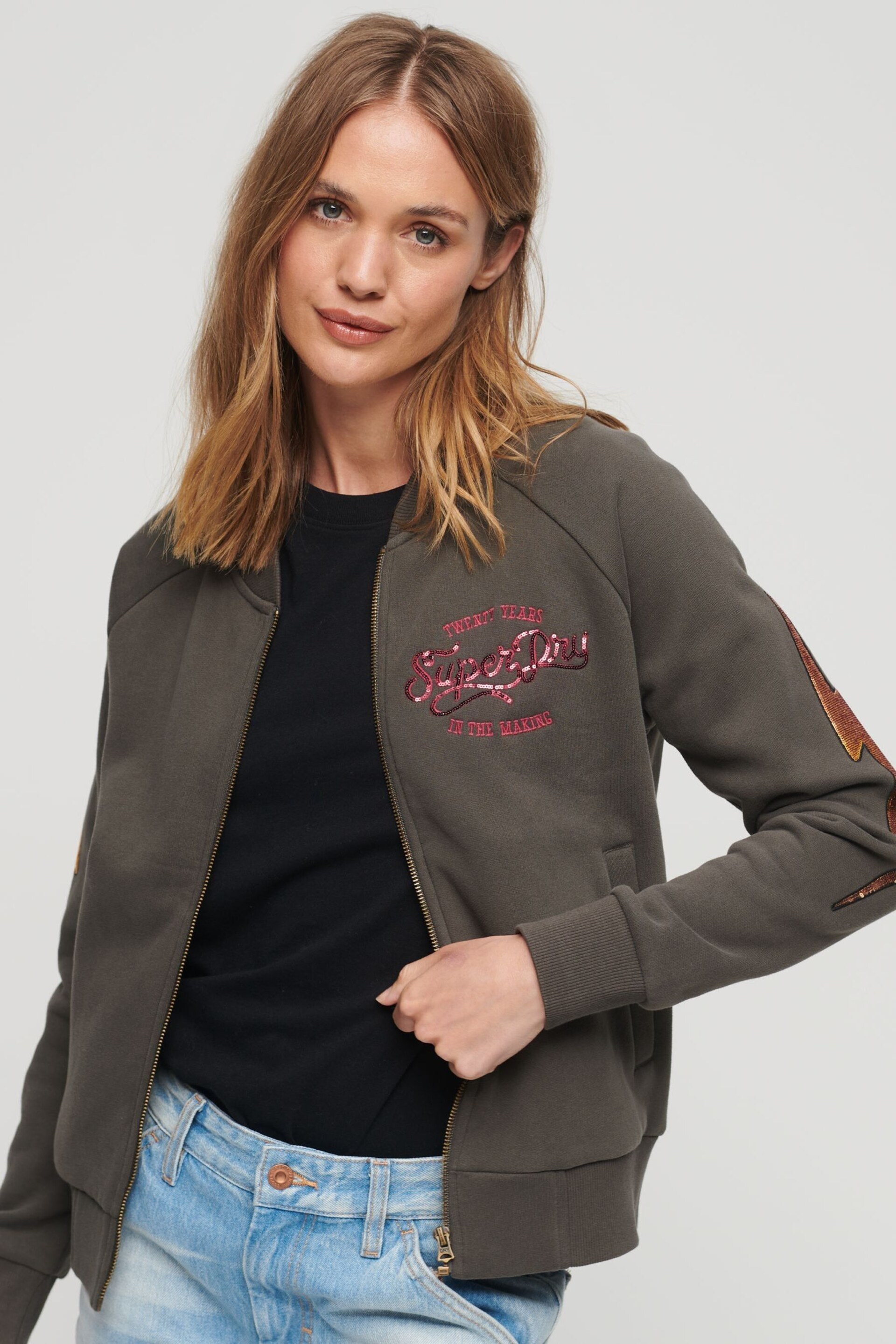 Superdry Grey 70s Lo-Fi Band Jersey Bomber Jacket - Image 1 of 4