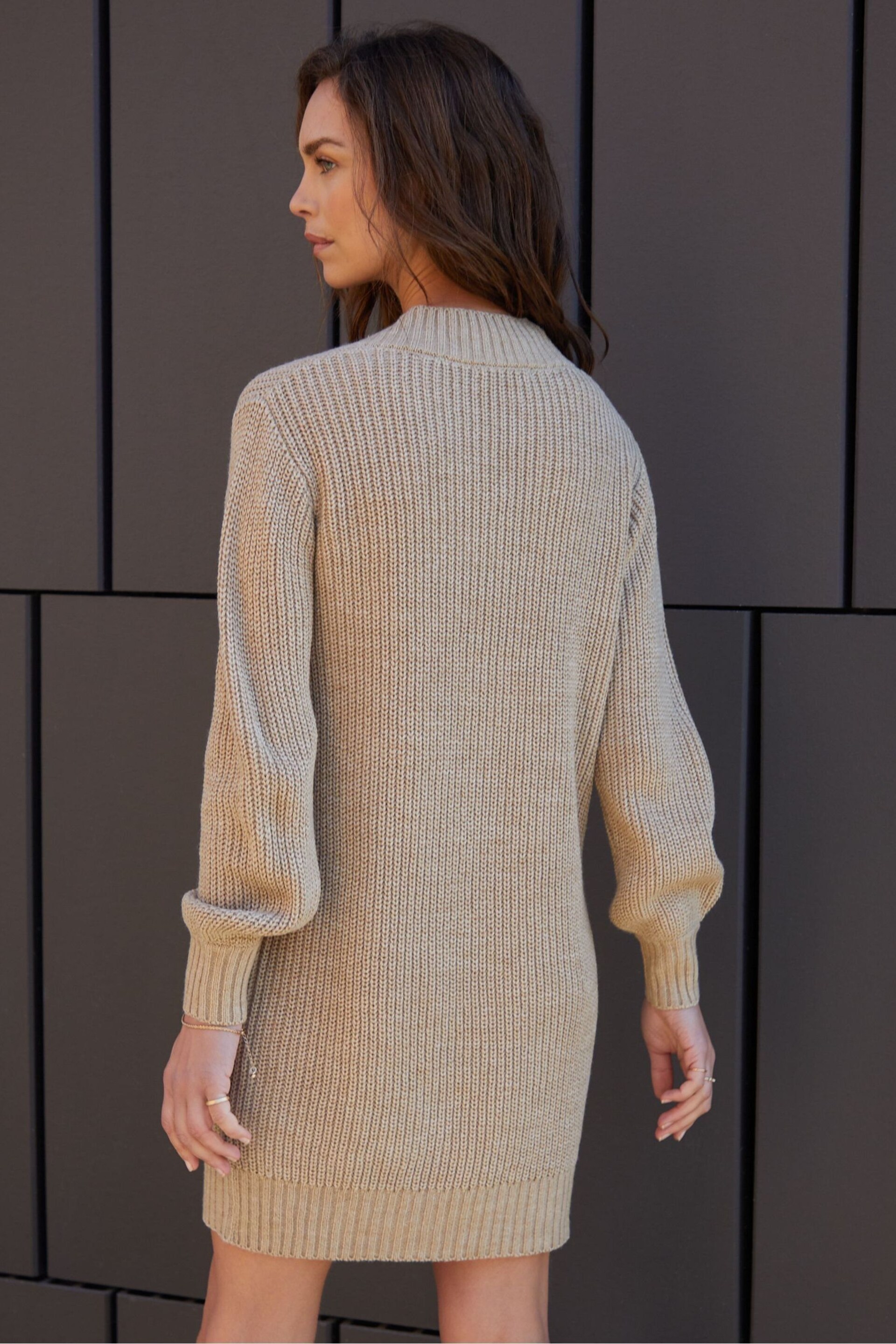 Threadbare Brown Petite V-Neck Knitted Jumper Dress - Image 2 of 4