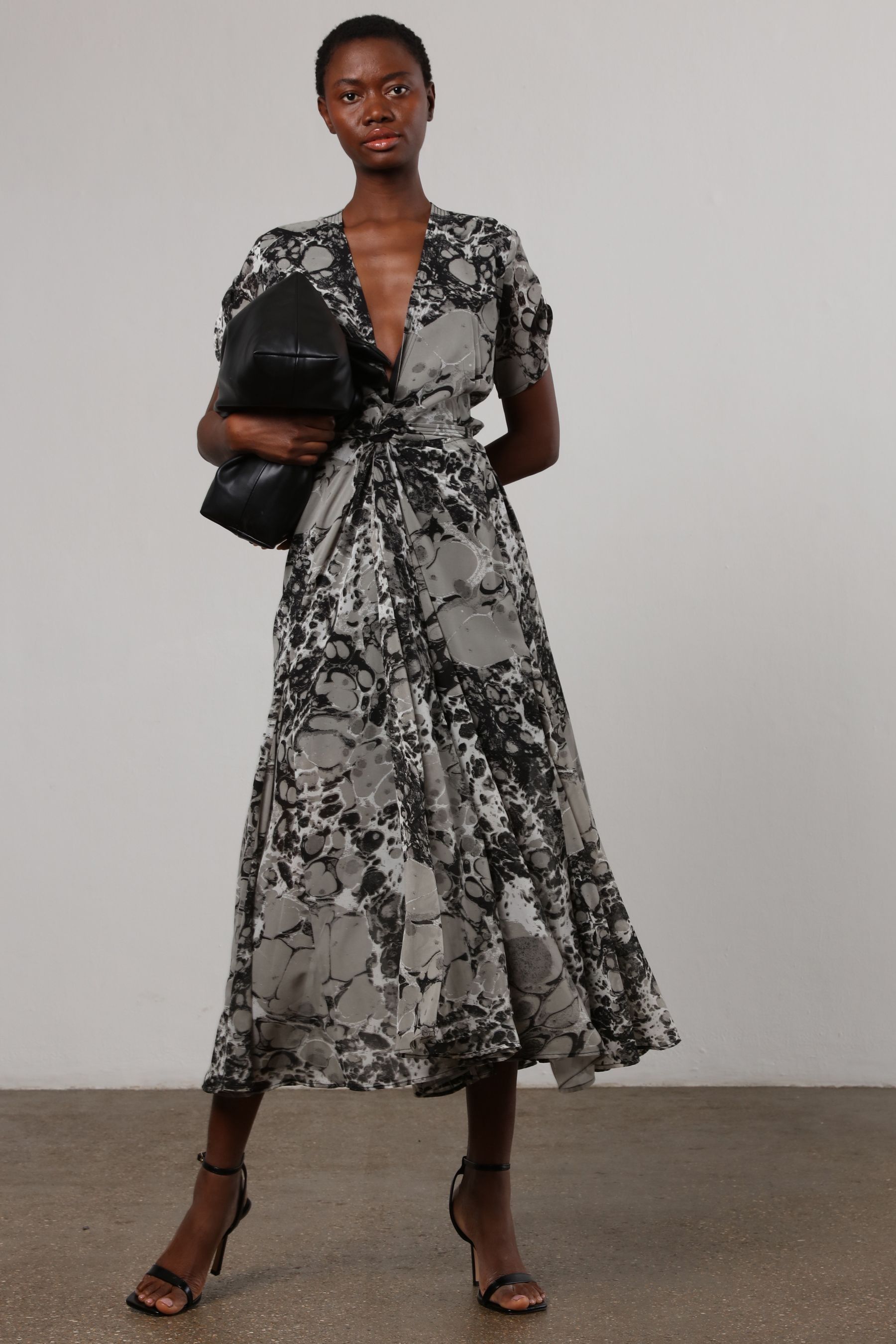 Religion Black Grey Marble Print Delight Maxi Wrap Dress With Cap Sleeve in Beautiful Prints