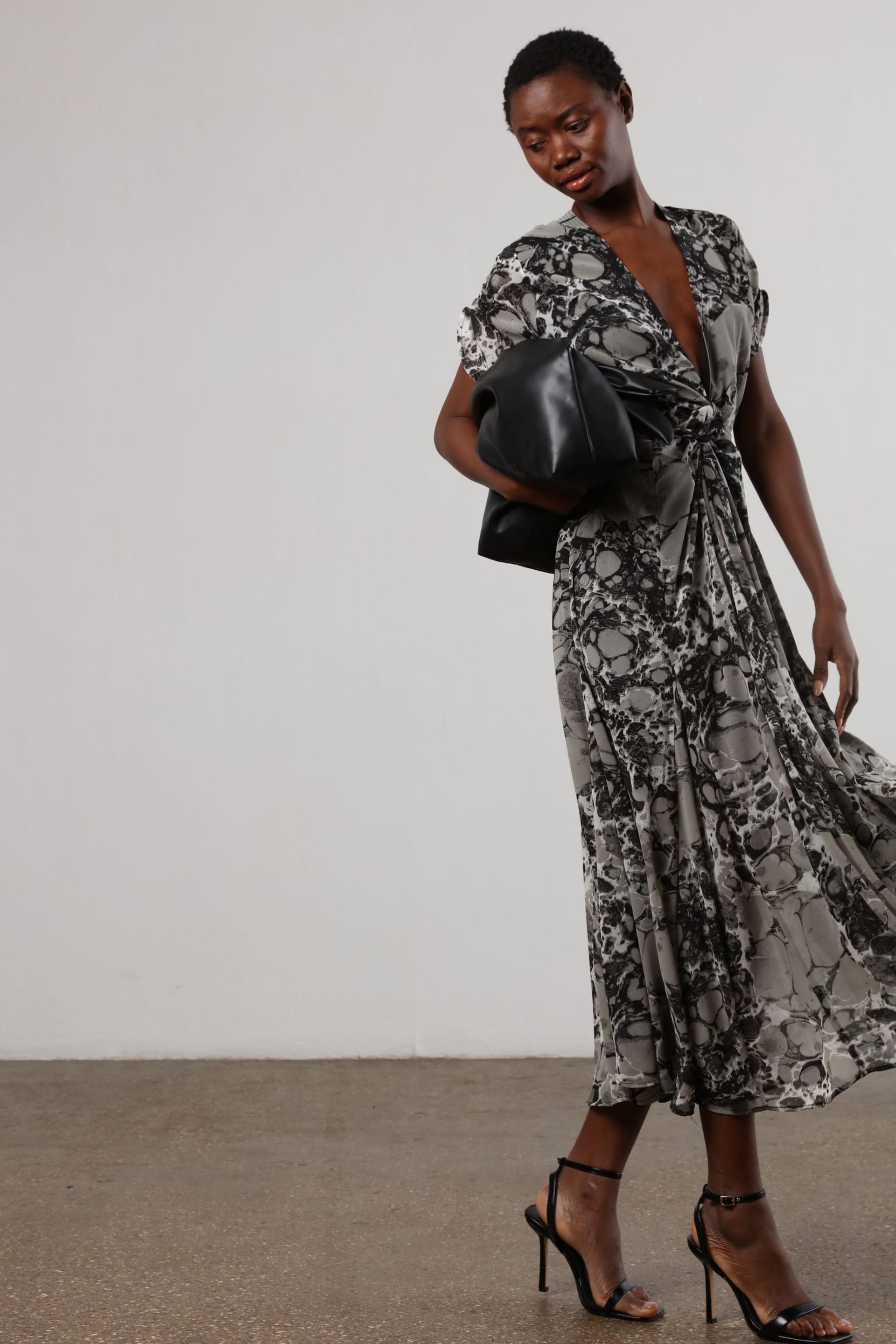 Religion Black & Grey Marble Print Wrap Dress With Full Skirt - Image 2 of 6