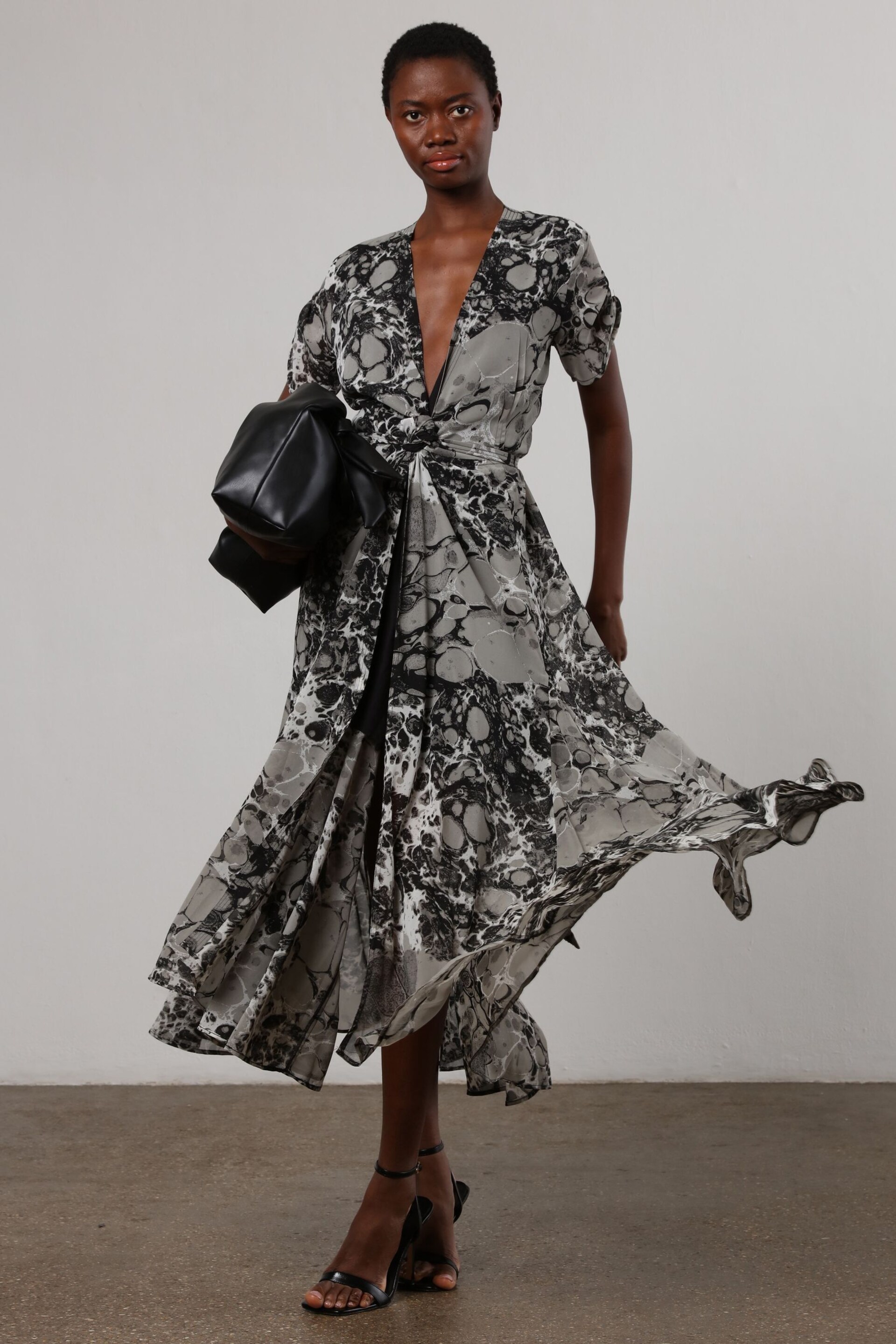 Religion Black & Grey Marble Print Wrap Dress With Full Skirt - Image 3 of 6