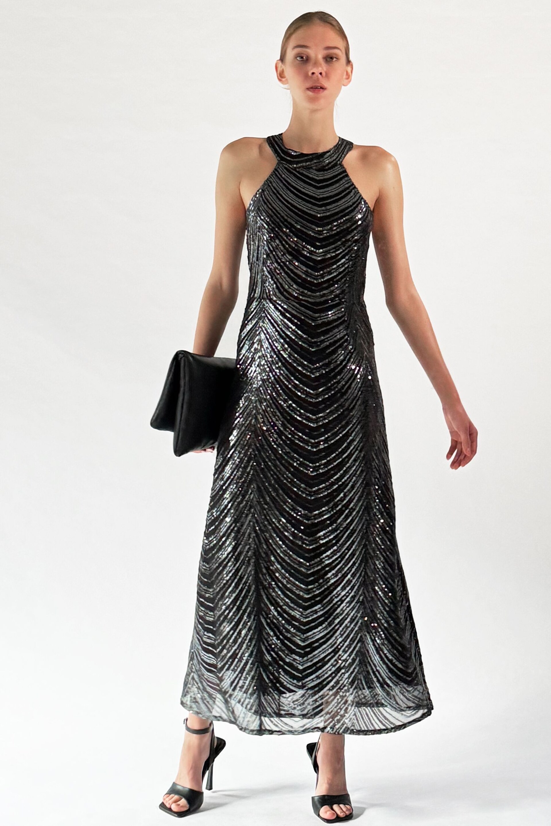 Religion Silver Halterneck Beaded Sequin Midi Maxi Dress - Image 2 of 6