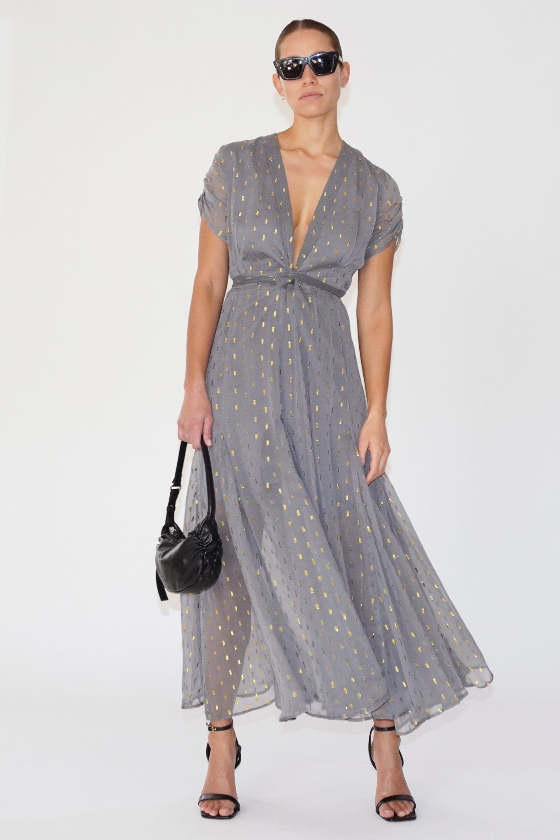 Religion Grey Wrap Maxi Dress With Full Skirt In Grey Dot On Grey - Image 4 of 6