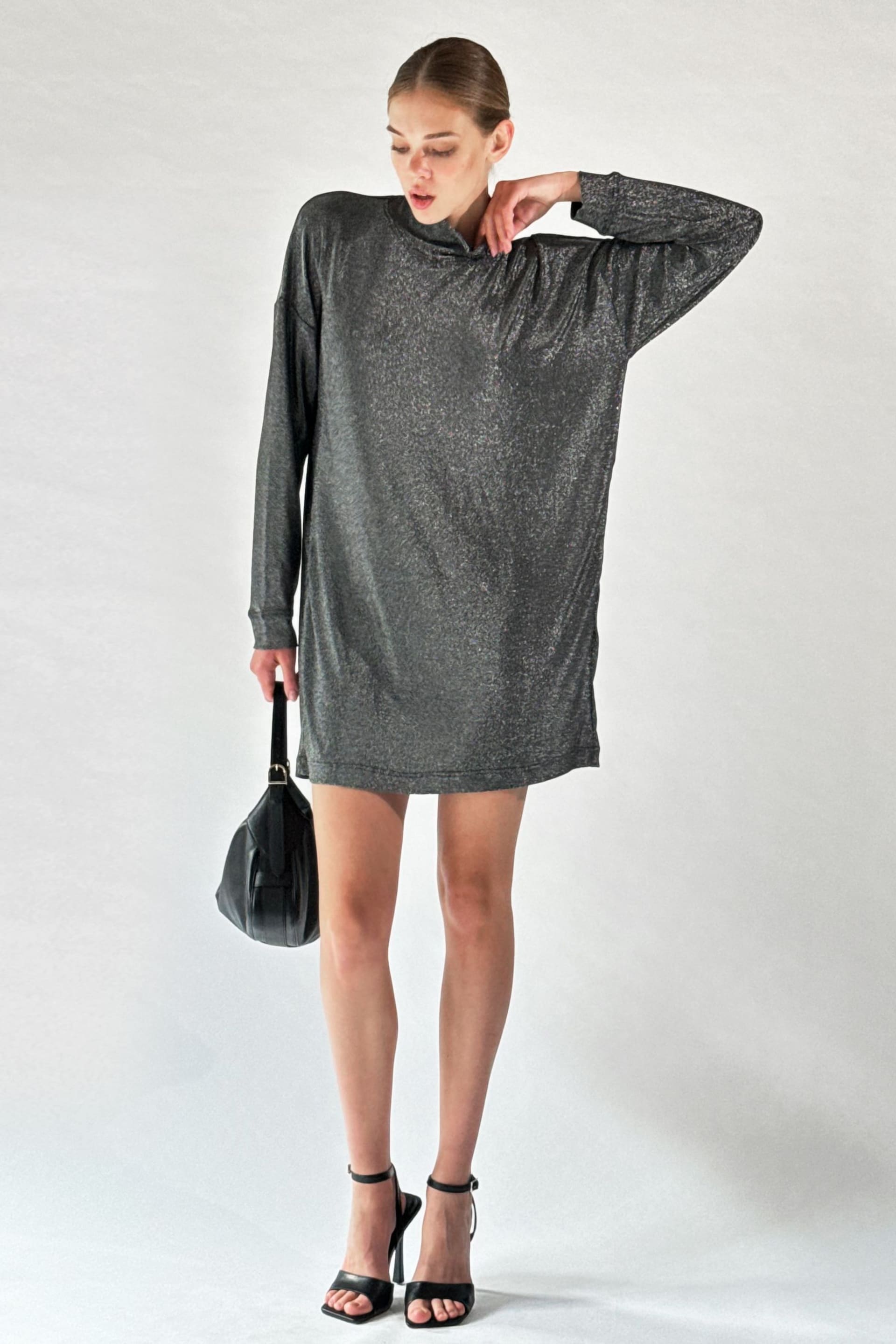 Religion Silver Long Sleeved Slinky Metallic Jersey Karla Tunic Dress - Image 4 of 6
