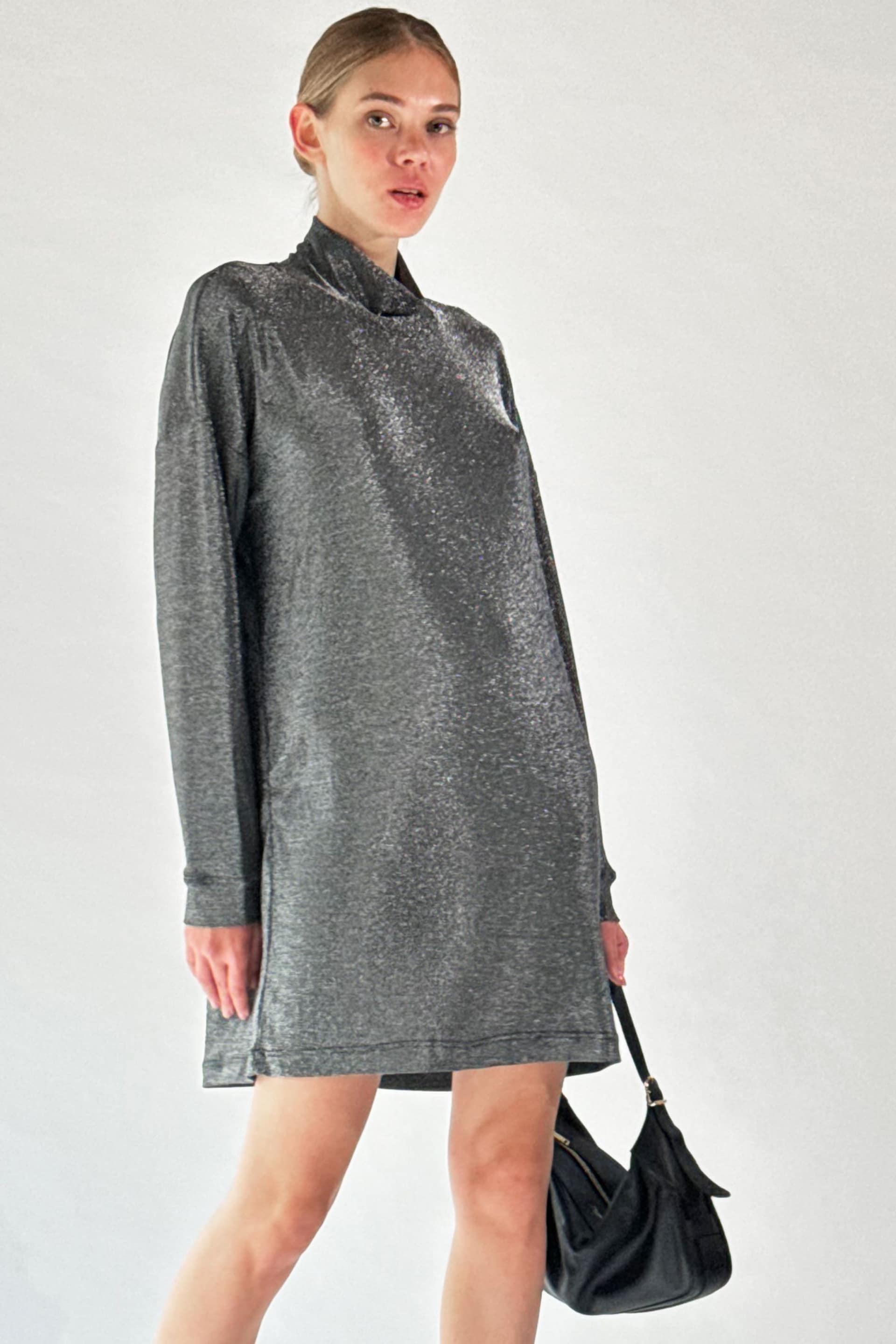 Religion Silver Long Sleeved Slinky Metallic Jersey Karla Tunic Dress - Image 5 of 6