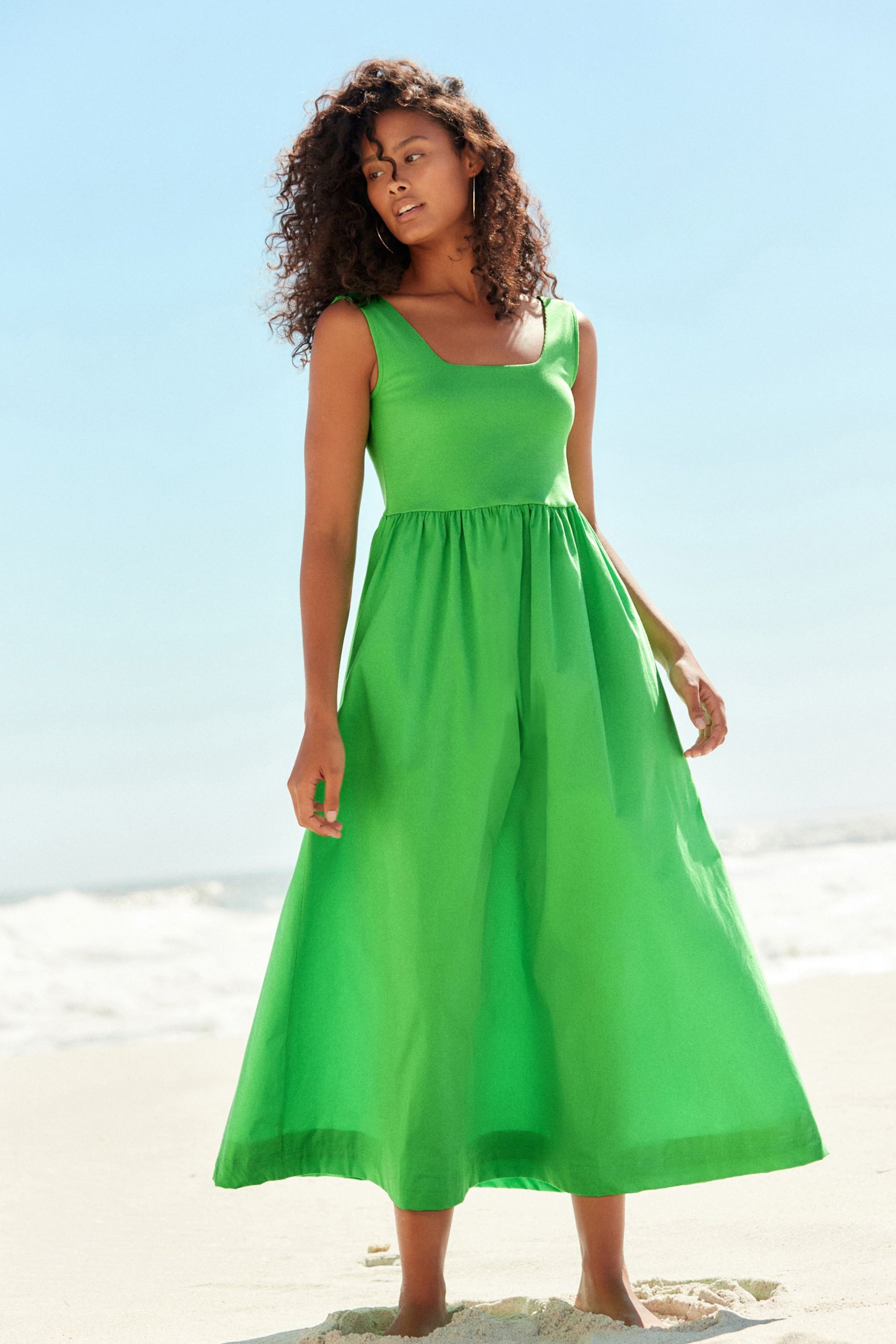 Green Square Neck Maxi Summer Jersey Dress - Image 1 of 6