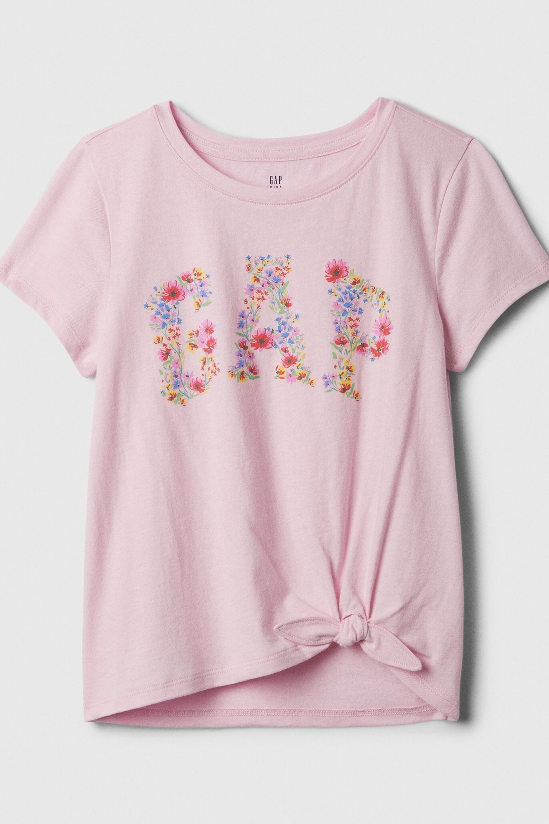 Gap Pink Floral Logo Knot-Tie Short Sleeve Crew Neck T-Shirt (4-13yrs) - Image 1 of 1