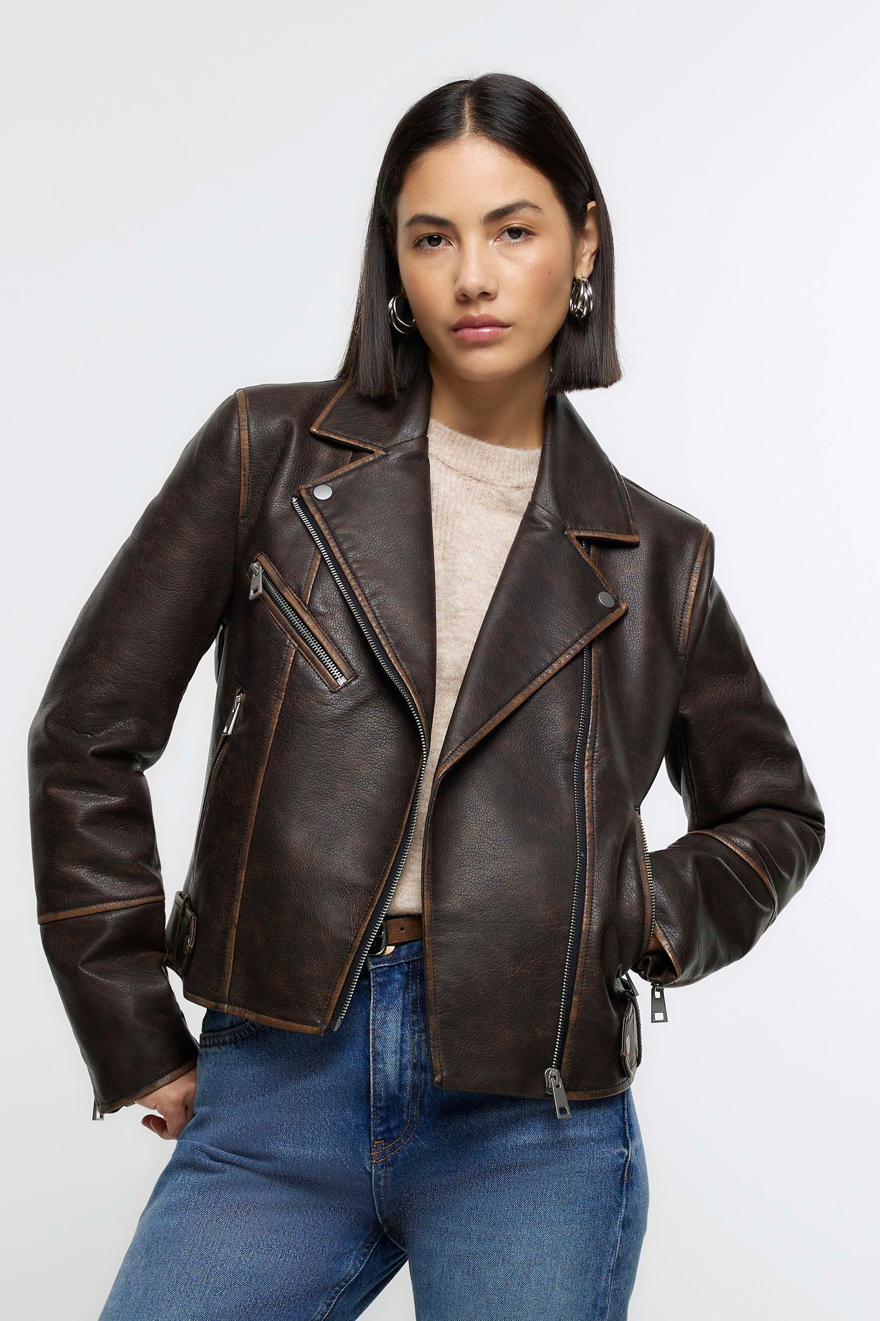 Buy River Island Brown Faux Leather Distressed Biker Jacket from the Next UK online shop