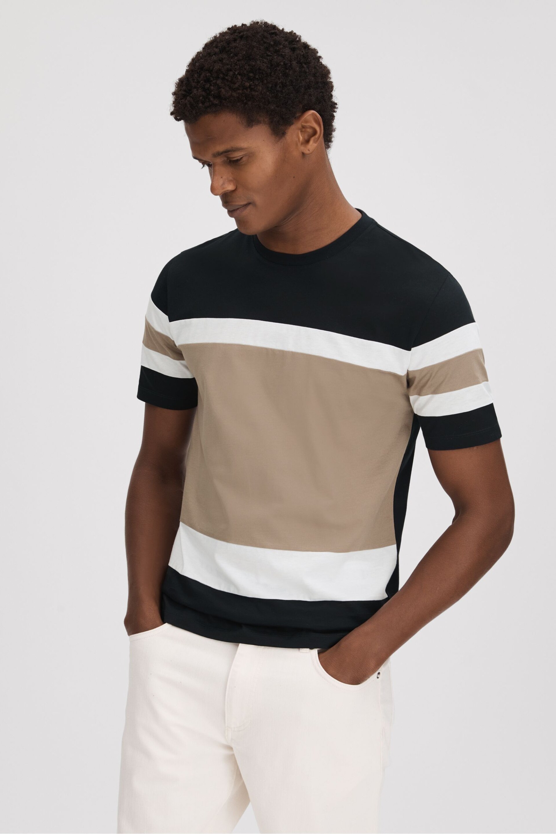 Reiss Navy/Camel Auckland Mercerised Cotton Crew Neck T-Shirt - Image 1 of 5