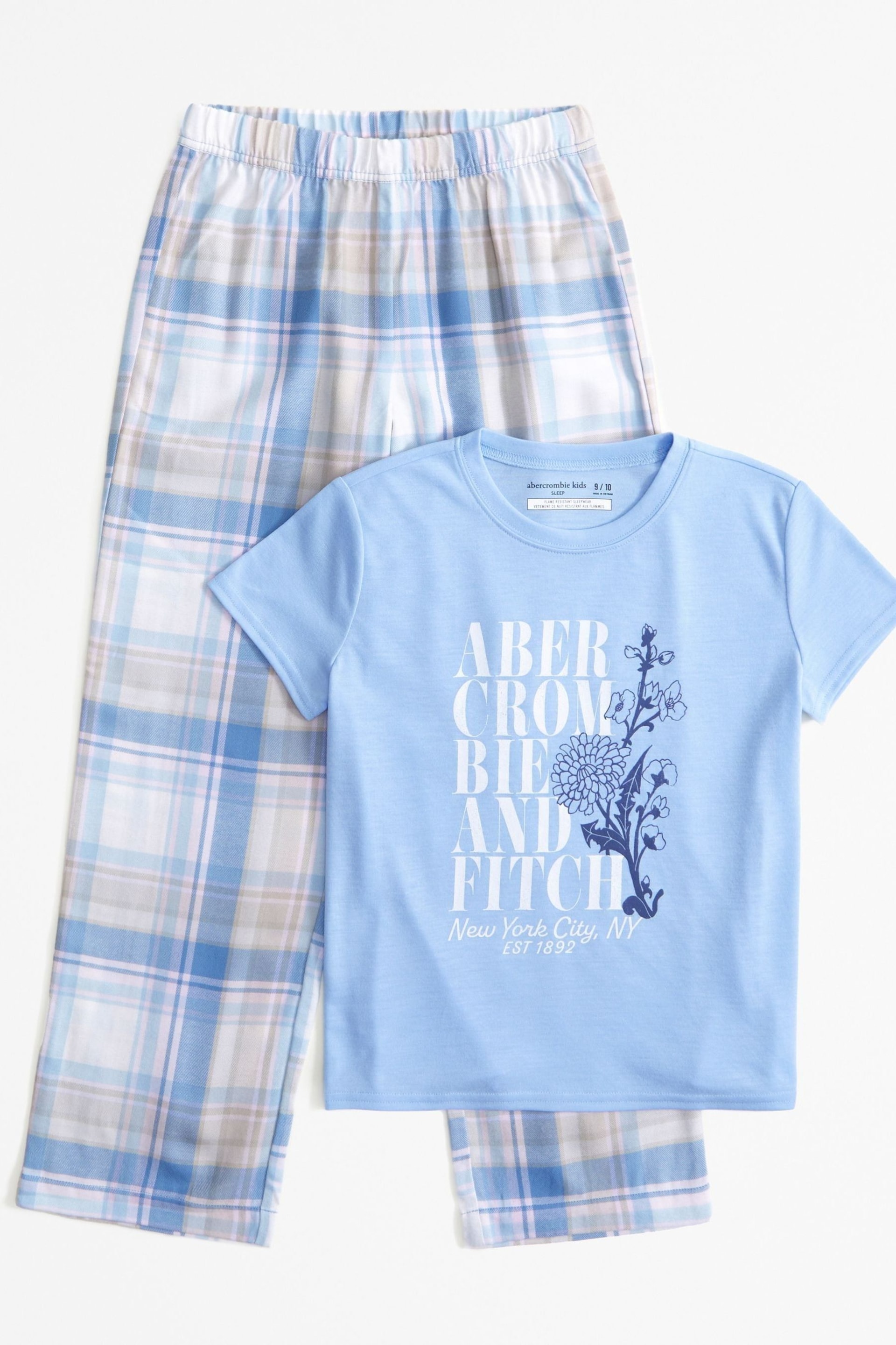 Abercrombie & Fitch Blue Gingham Logo Pyjama Set - Image 1 of 2