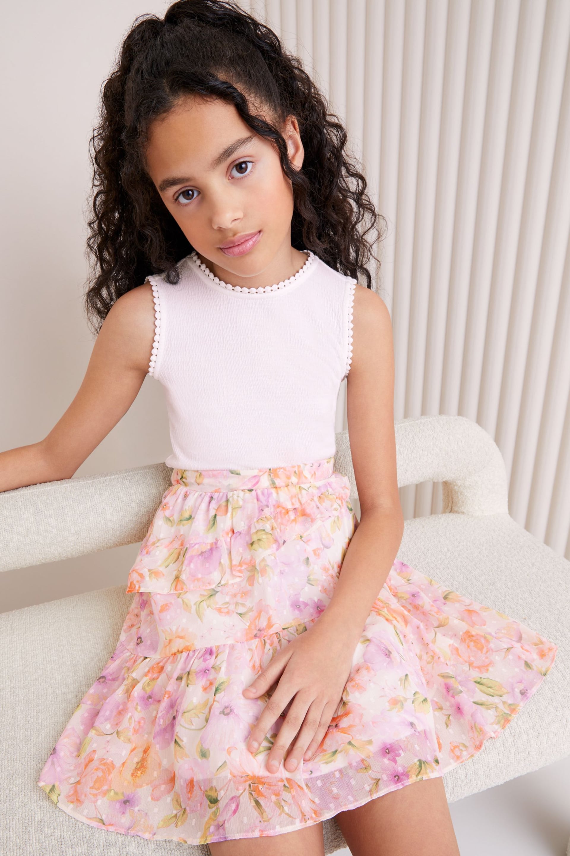 Lipsy White/Pink Chiffon Skirt Dress (5-16yrs) - Image 2 of 4