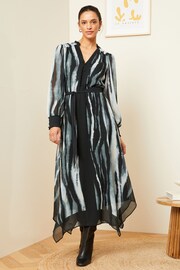 Love & Roses Grey Smudge Printed V Neck Belted Long Sleeve Midi Dress - Image 1 of 4