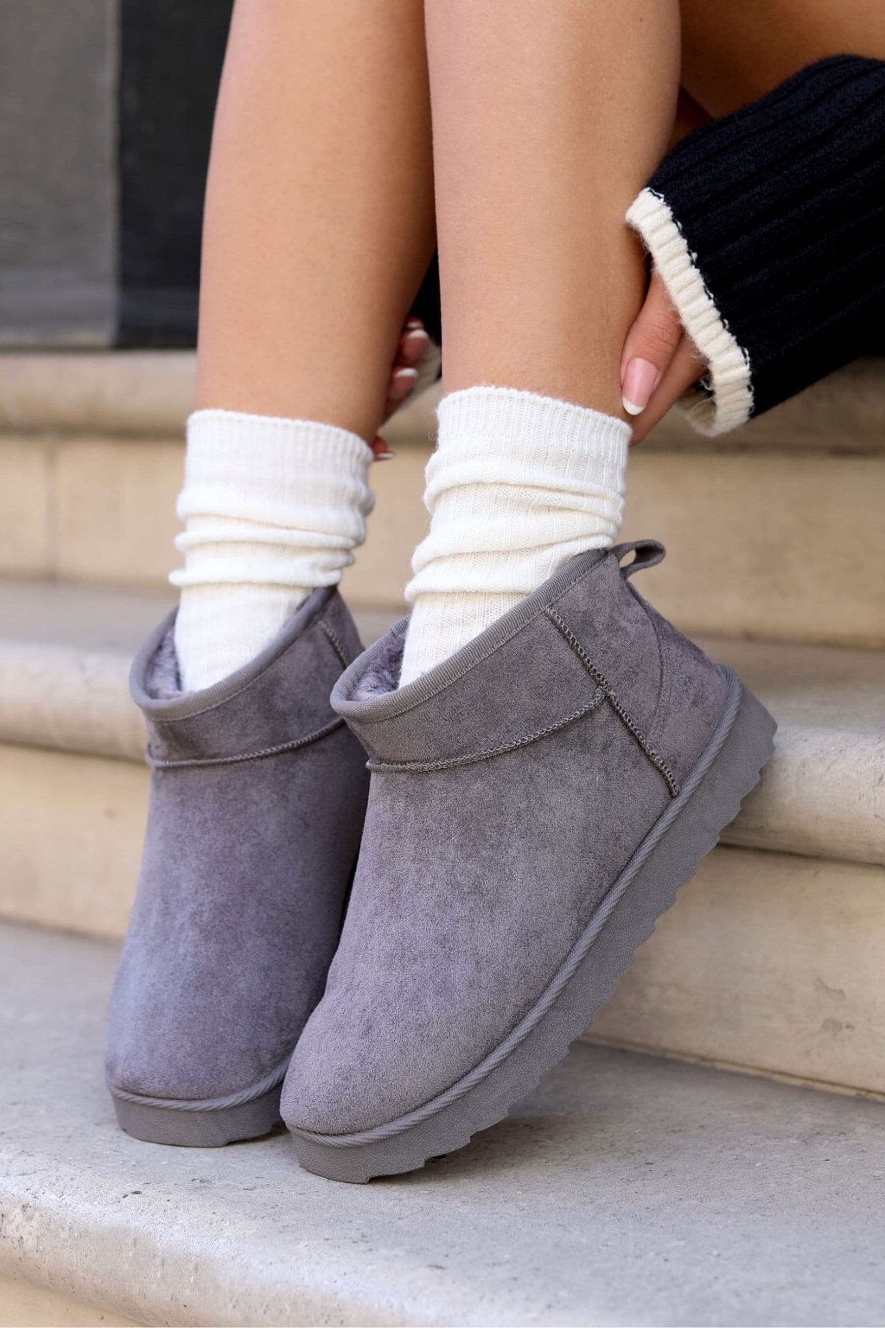 Linzi Grey Mini Addy Faux Suede Faux Fur Lined Ankle Boots