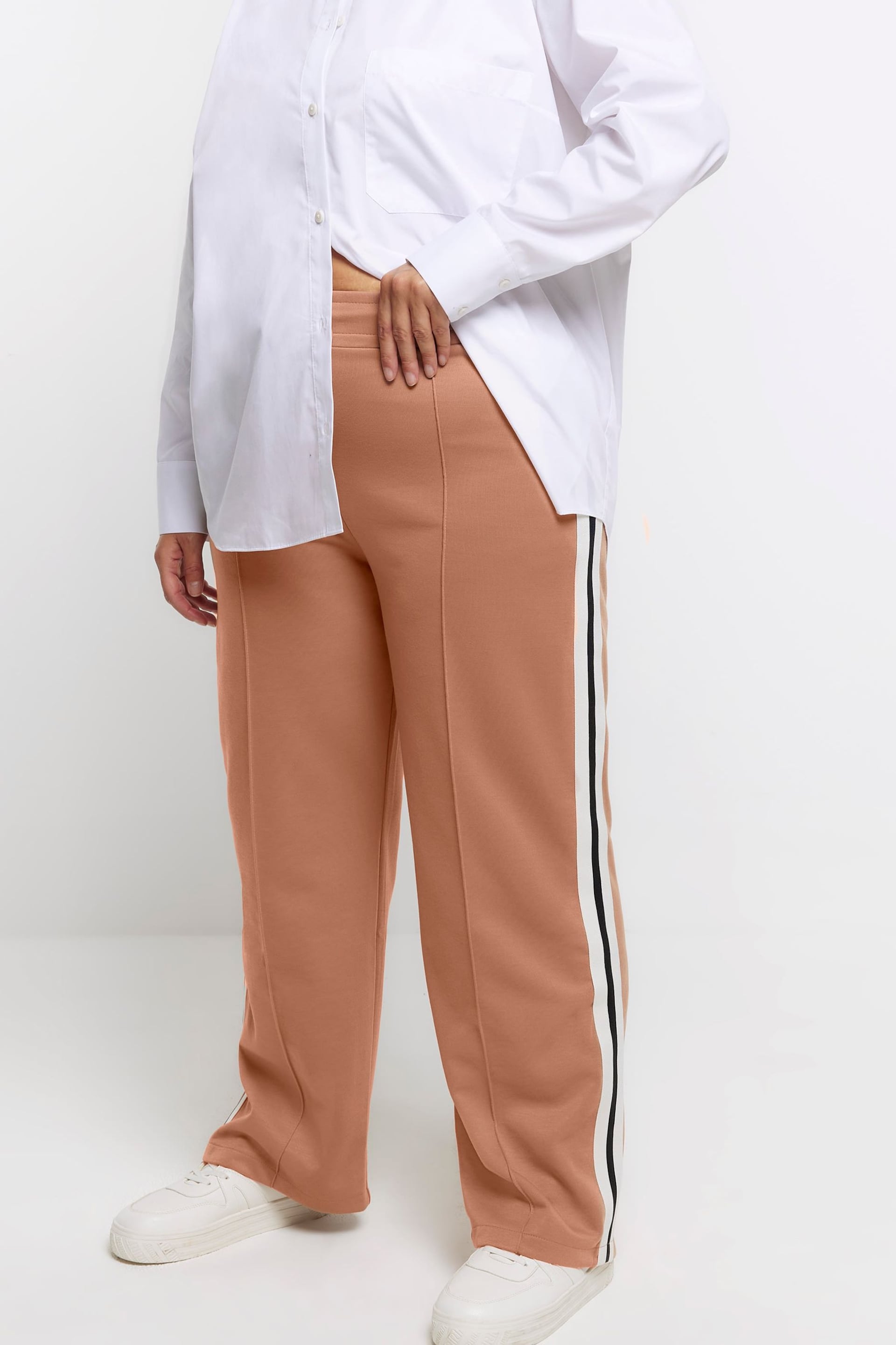 River Island Brown Curve Wide Leg Side Stripe Joggers - Image 1 of 4