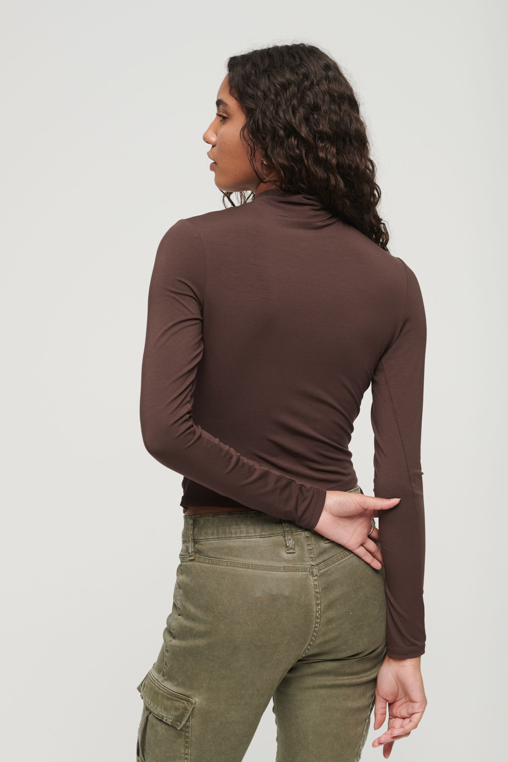 Superdry Brown Long Sleeve Ruched Mock Neck Top - Image 2 of 3