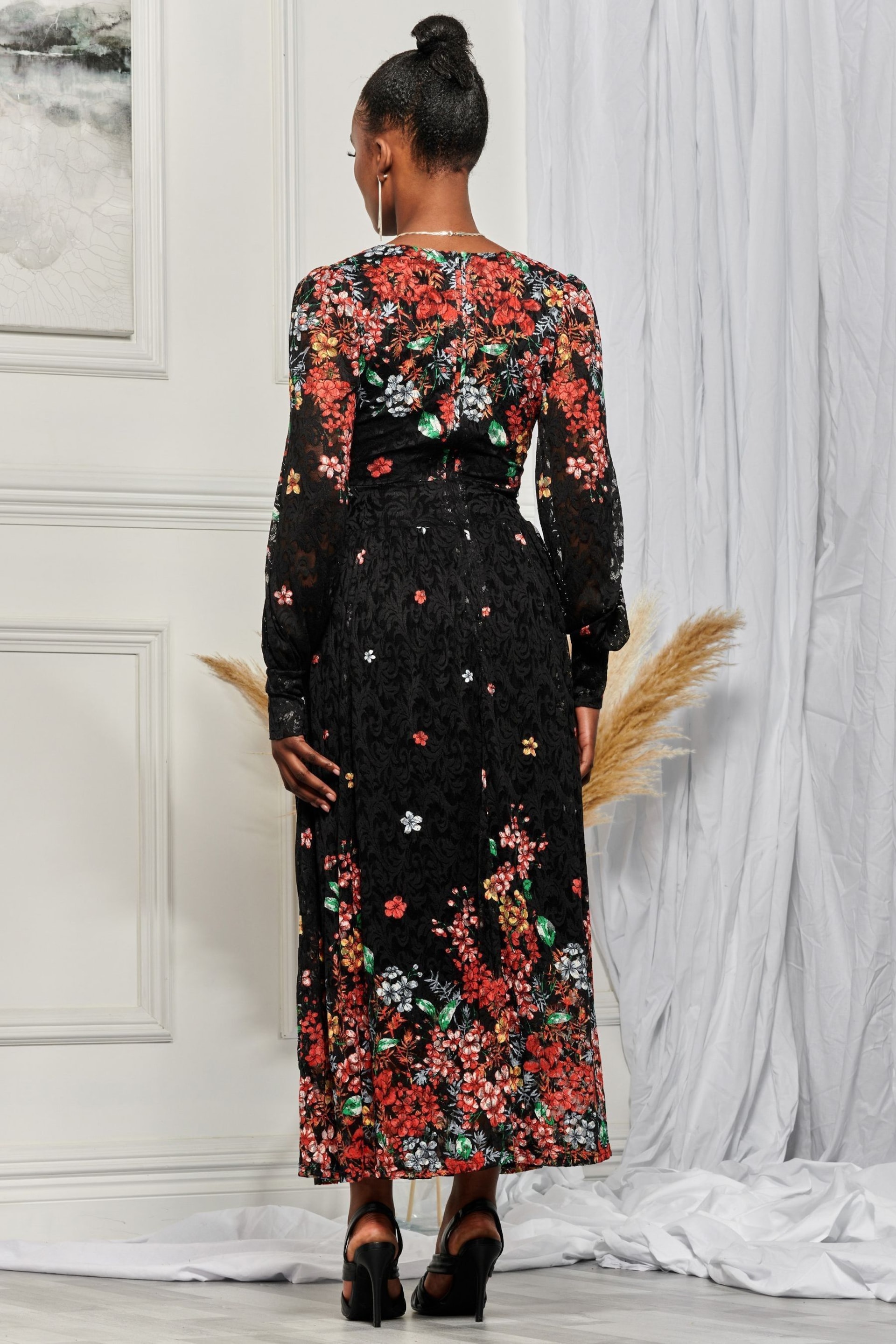 Jolie Moi Black & Red Symmetrical Print Amica Lace Maxi Dress - Image 2 of 6