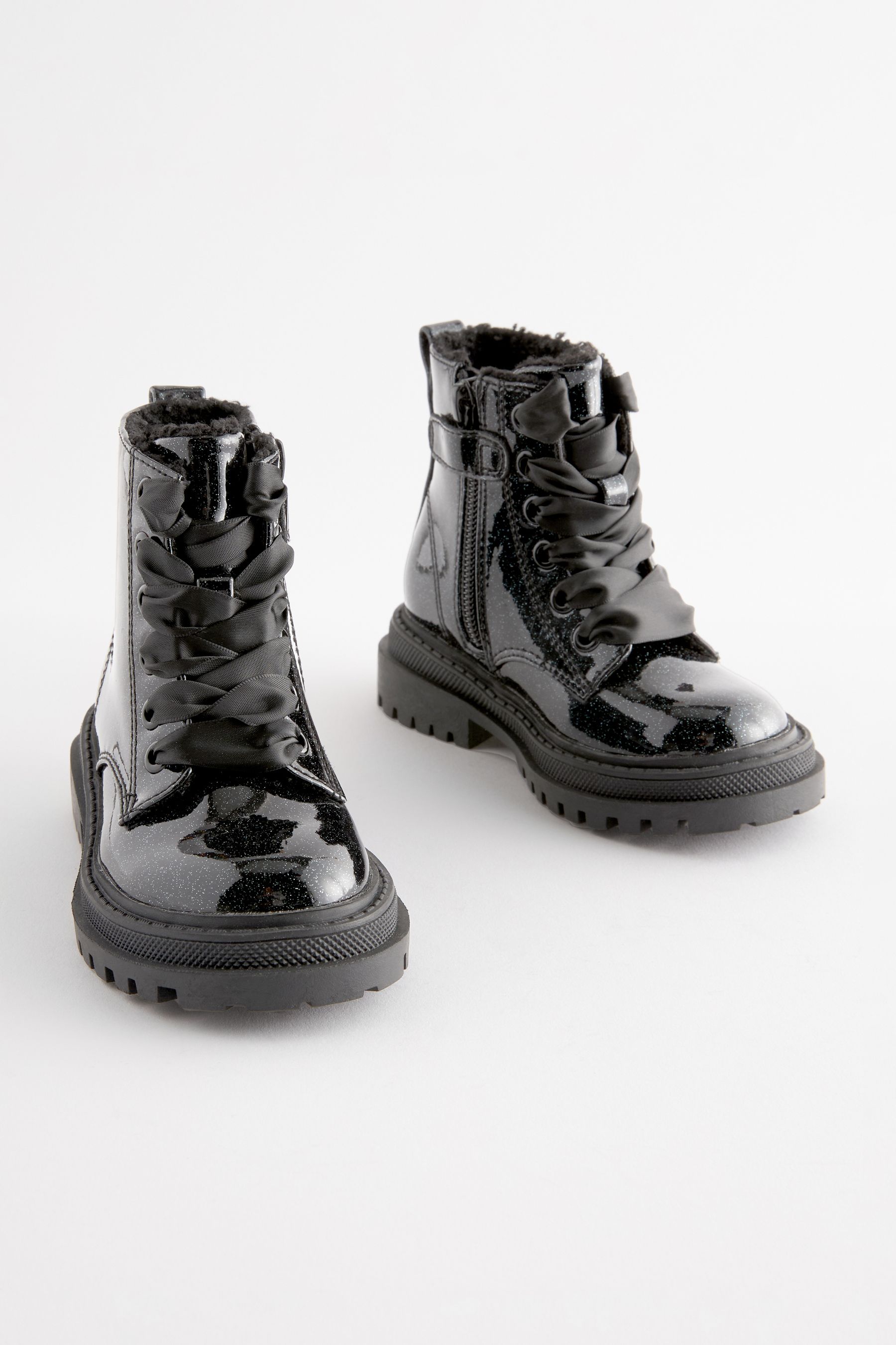 Buy Black Patent Standard Fit F Chunky Lace Up Ankle Boots from the Next UK online shop