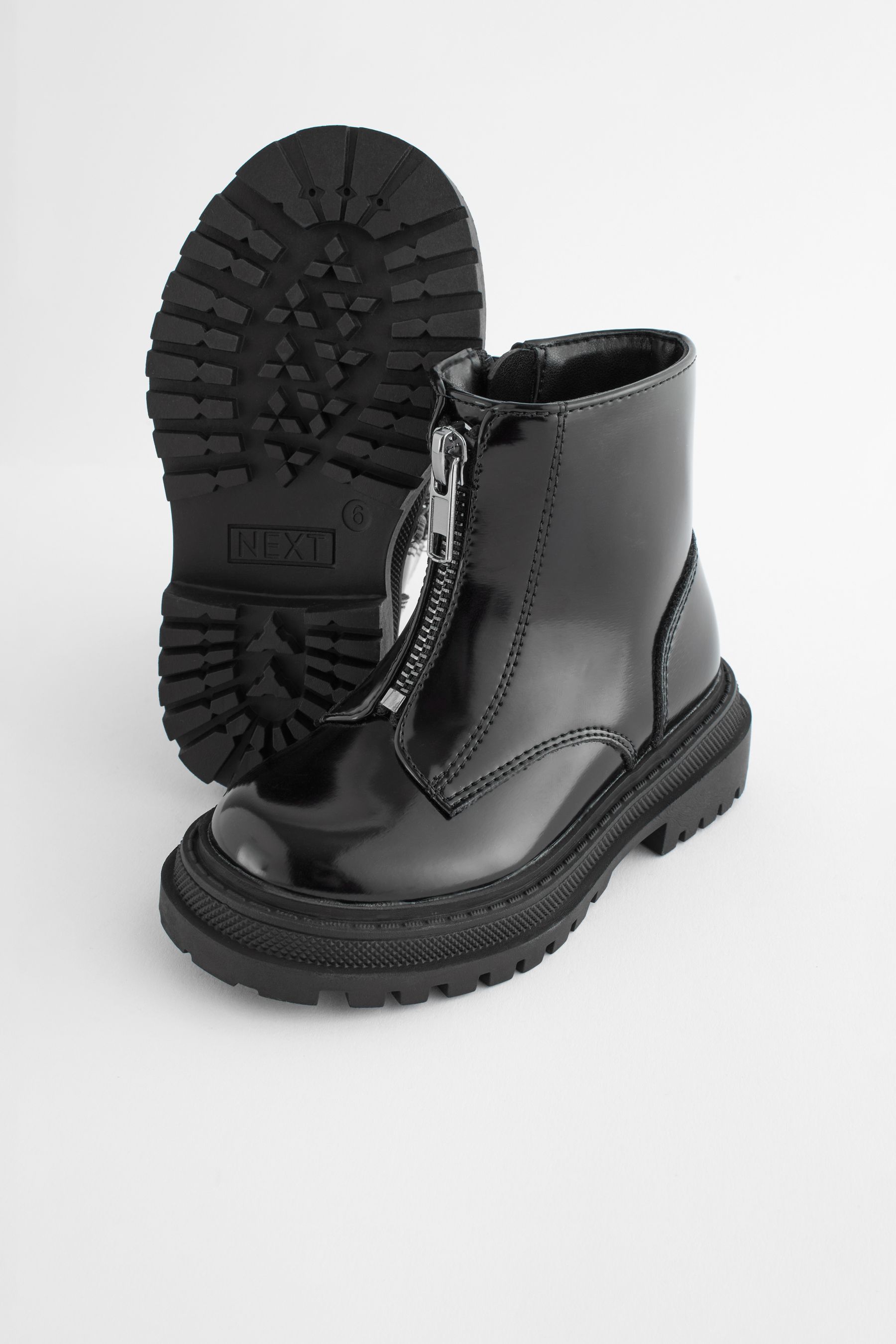 Buy Black Patent Standard Fit F Zip Front Chunky Boots from Next Luxembourg