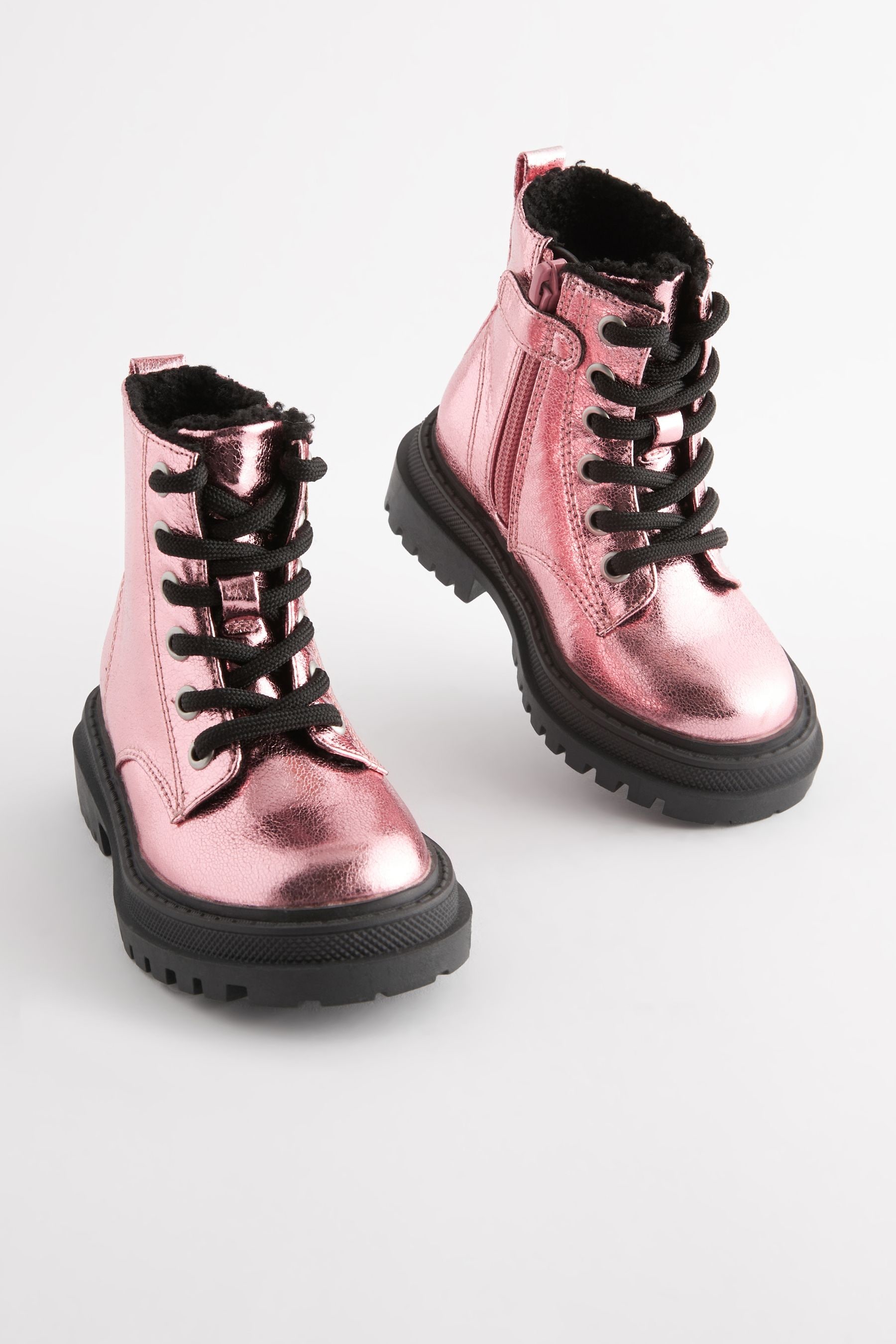 Buy Pink Metallic Standard Fit F Chunky Lace Up Ankle Boots from the Next UK online shop
