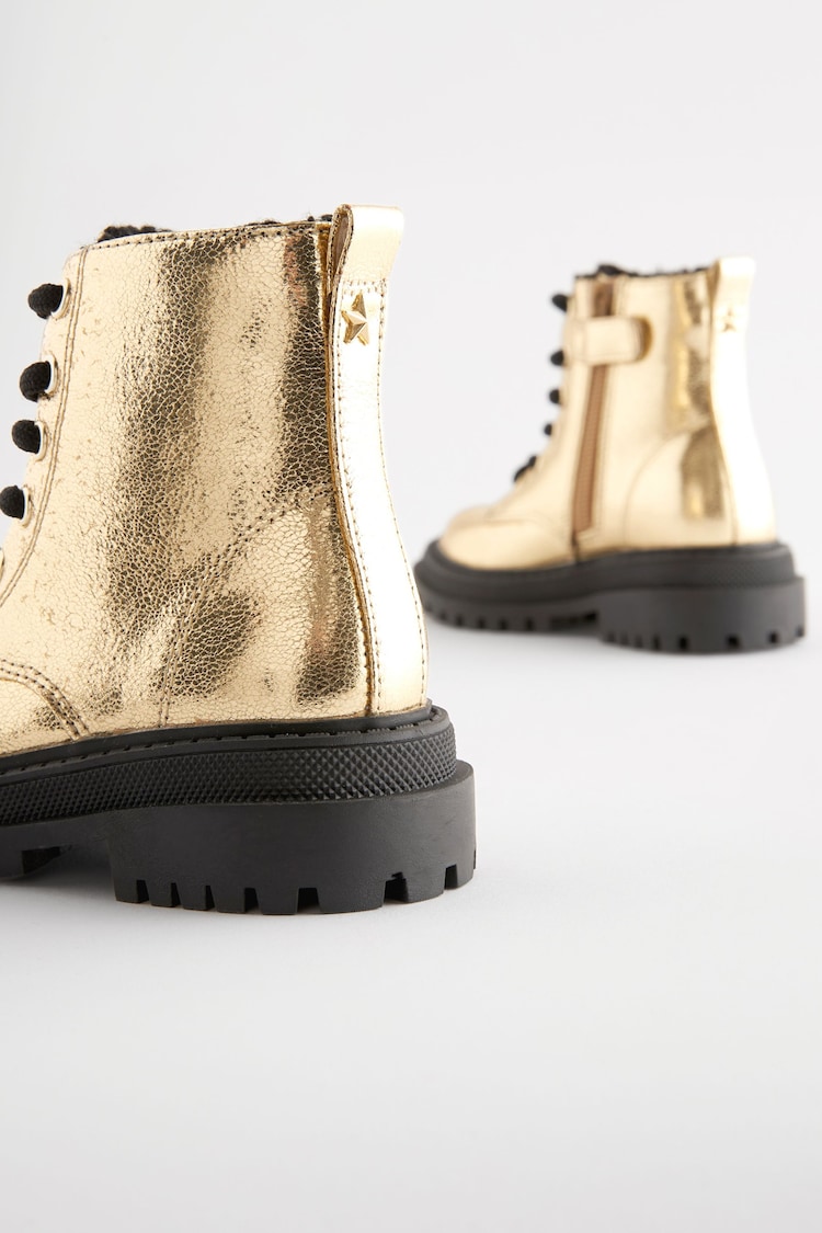 Gold Metallic Standard Fit (F) Chunky Lace-Up Boots - Image 7 of 7