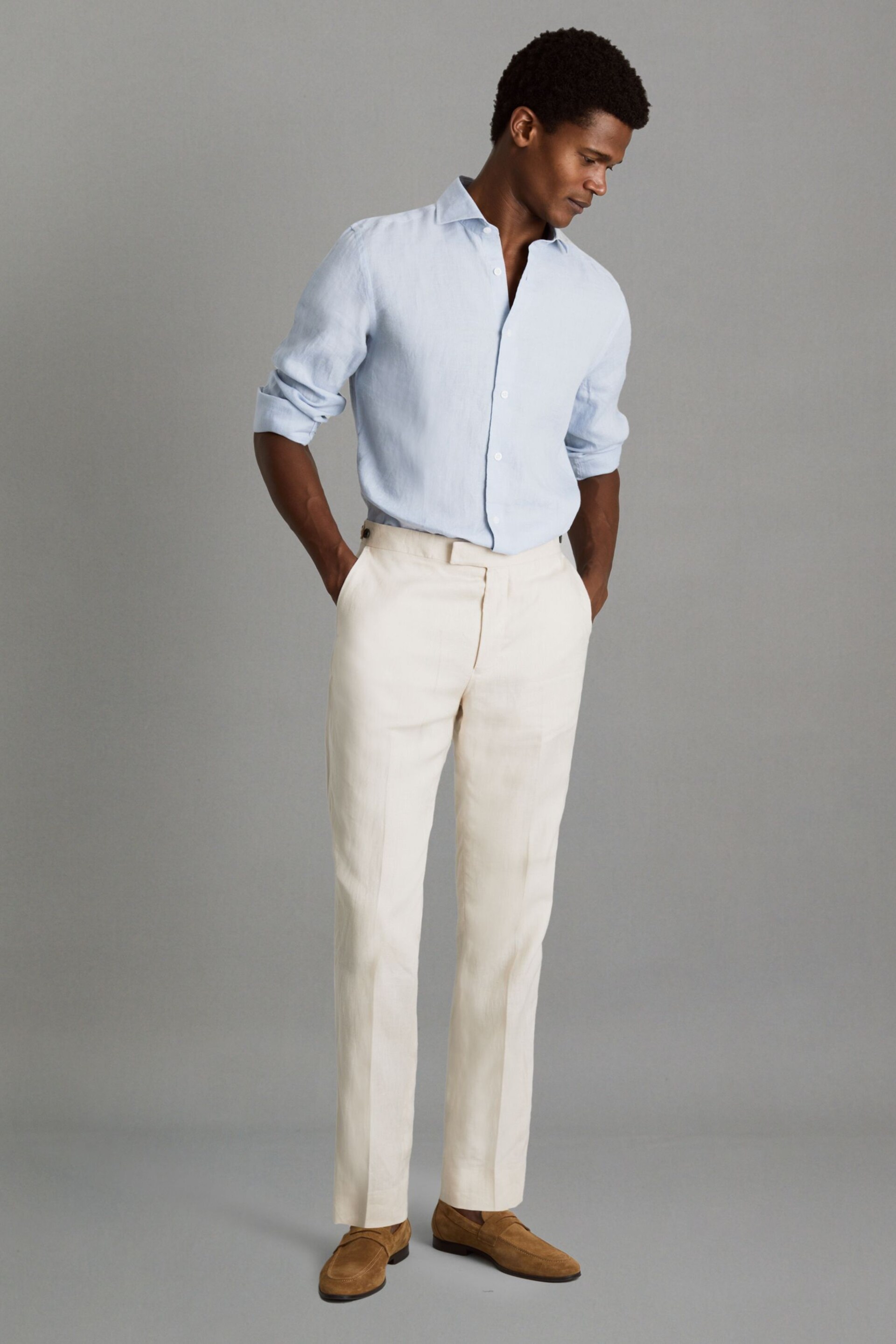 Reiss Light Blue Ruban Linen Button-Through Shirt - Image 3 of 6